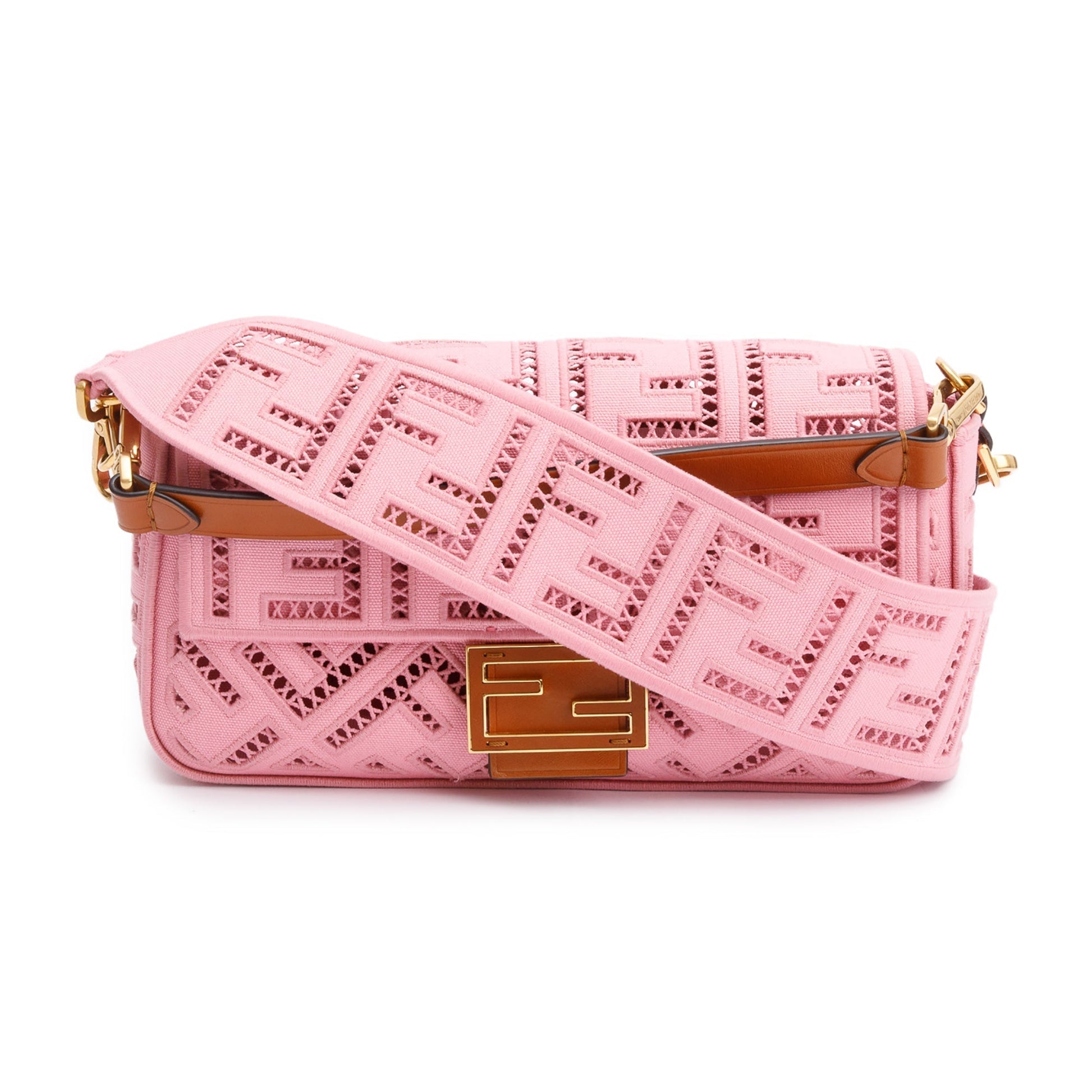 Fendi Ff Openwork Embroidered Medium Baguette Shoulder Bag Canvas