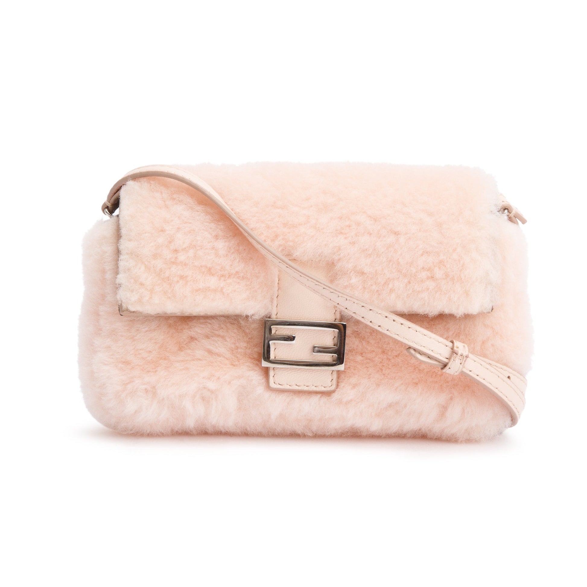 Fendi Shearling Micro Baguette Crossbody Bag Pink