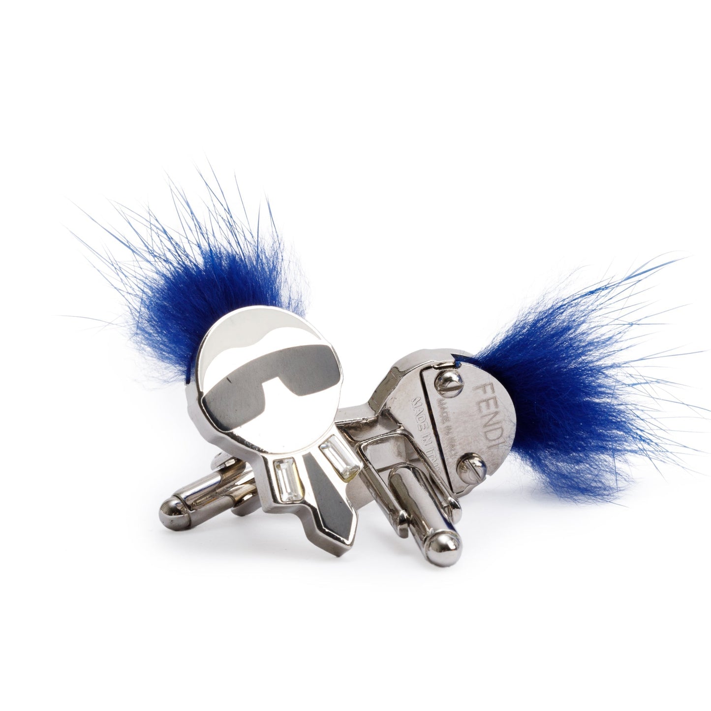 Fendi Metal Fox Fur Karlito Cufflinks Travel Bag Blue Silver