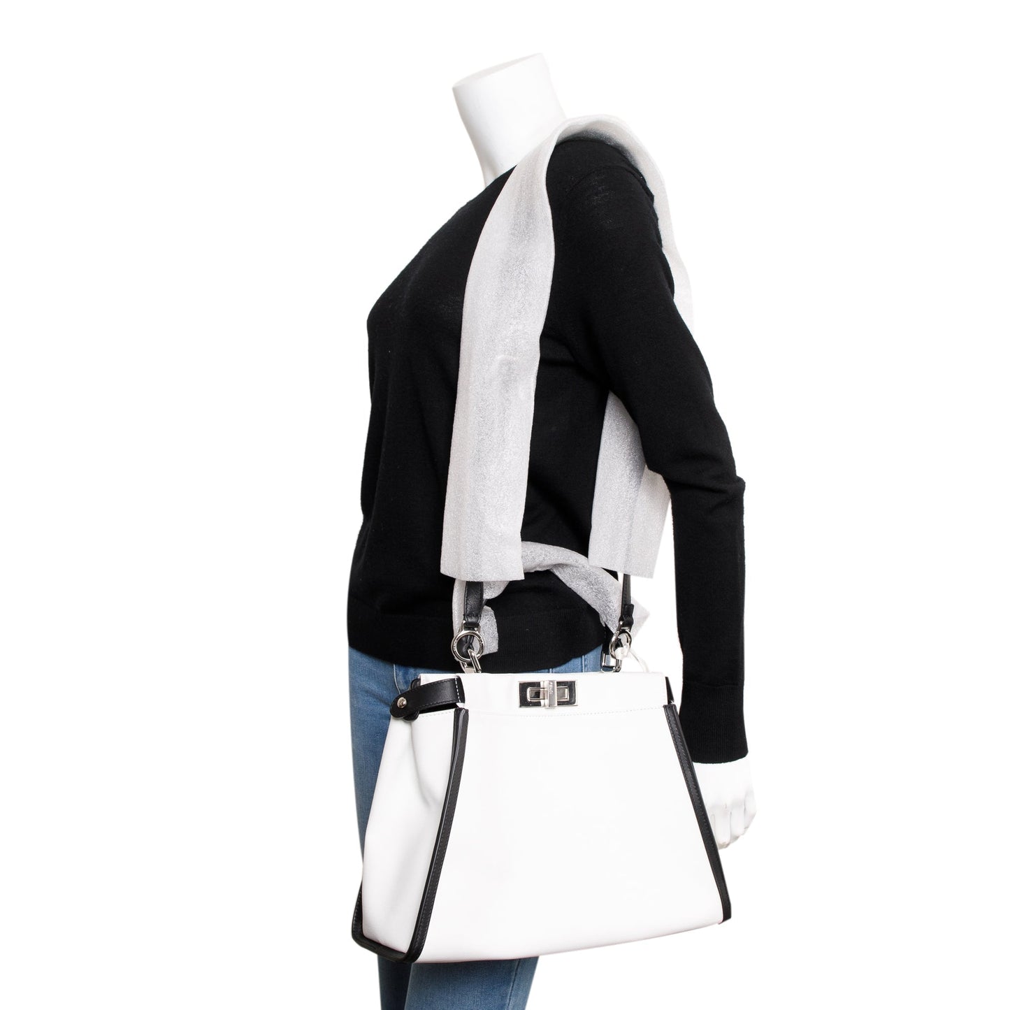 Fendi White Calf Medium Peekaboo Bag Leather Canvas Travel Bag