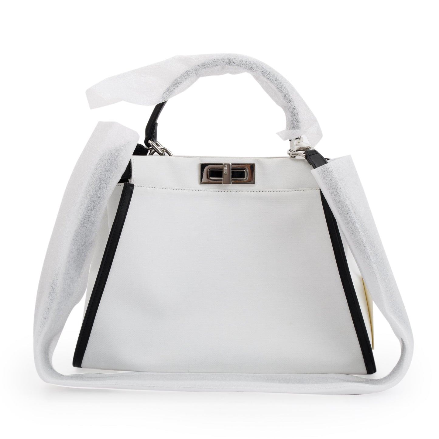 Fendi White Calf Medium Peekaboo Bag Leather Canvas Travel Bag