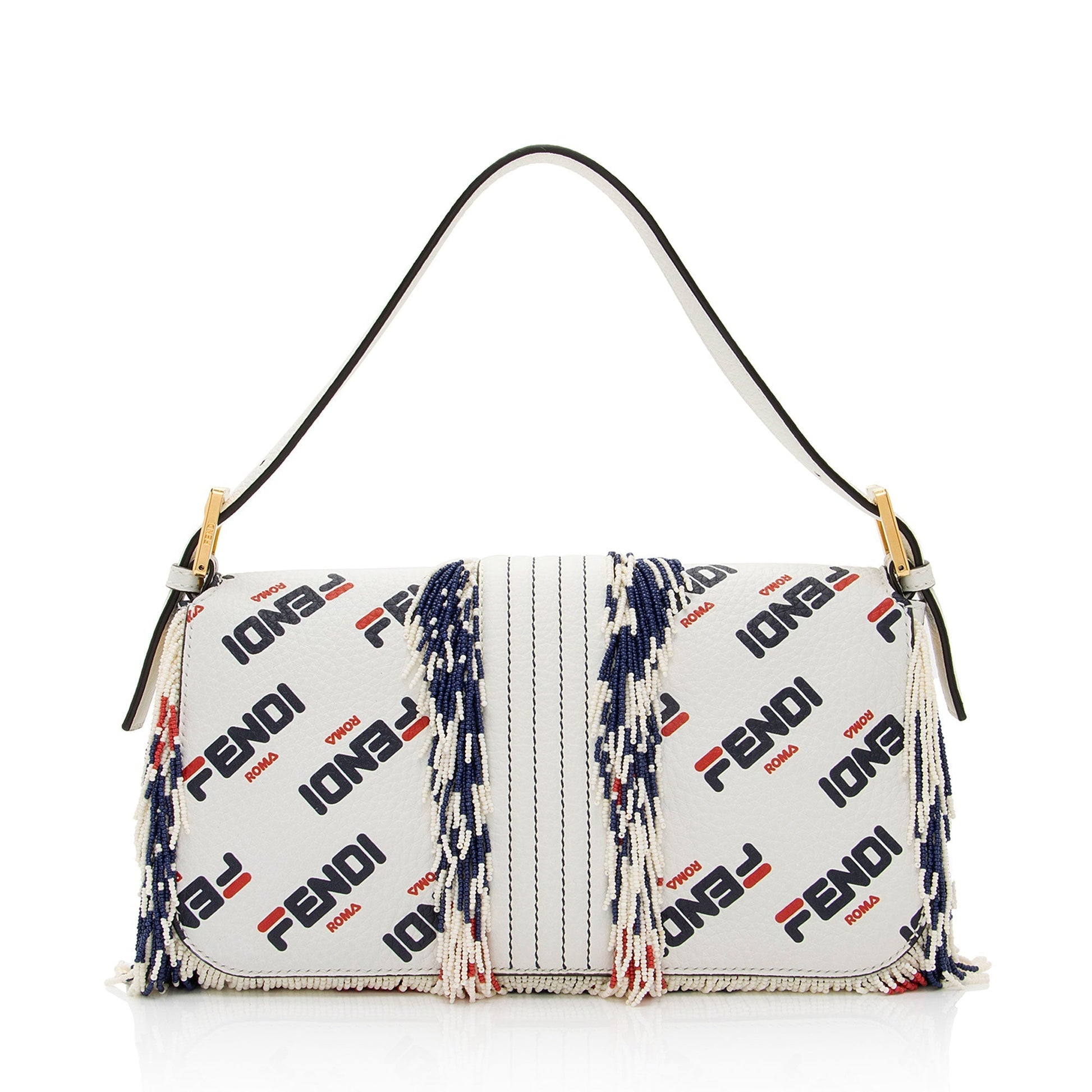 Fendi Fila Mania Calfskin Beaded Baguette Shoulder Bag Shf