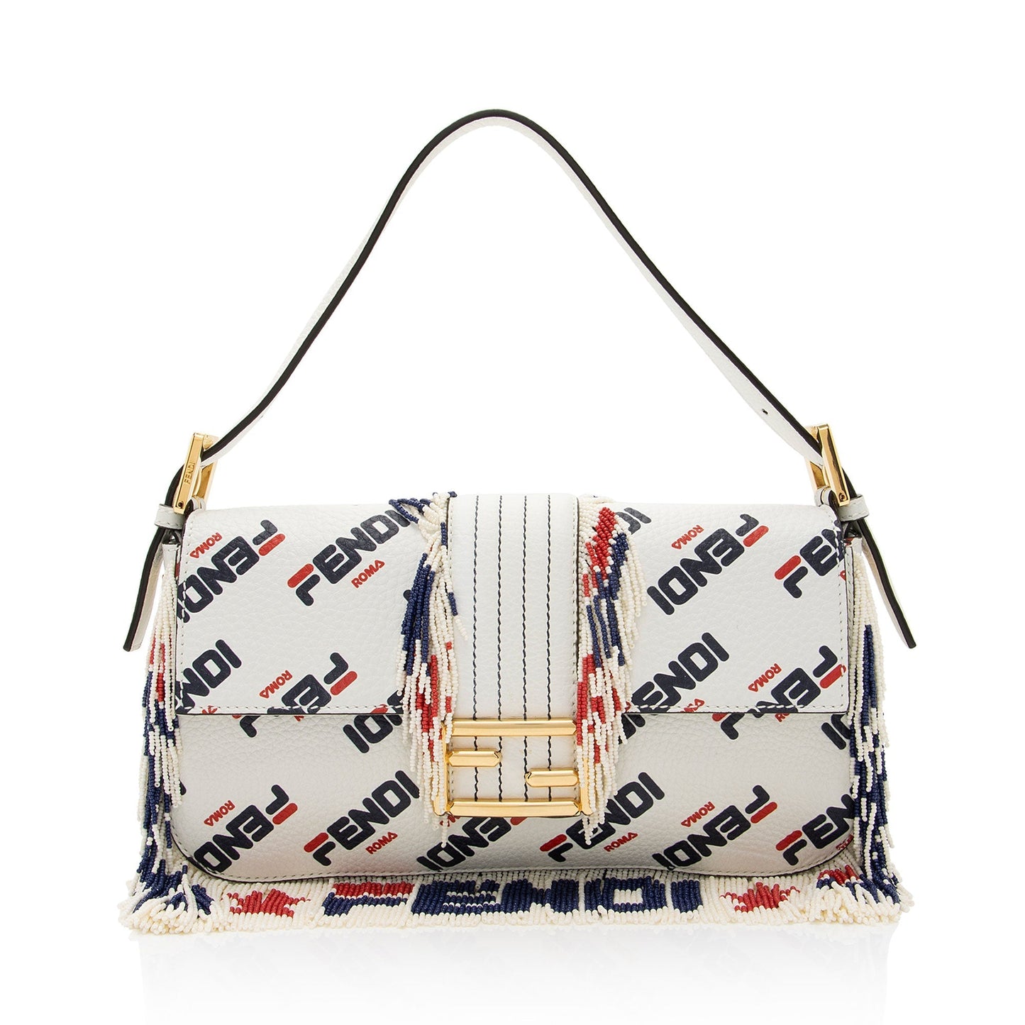 Fendi Fila Mania Calfskin Beaded Baguette Shoulder Bag Shf
