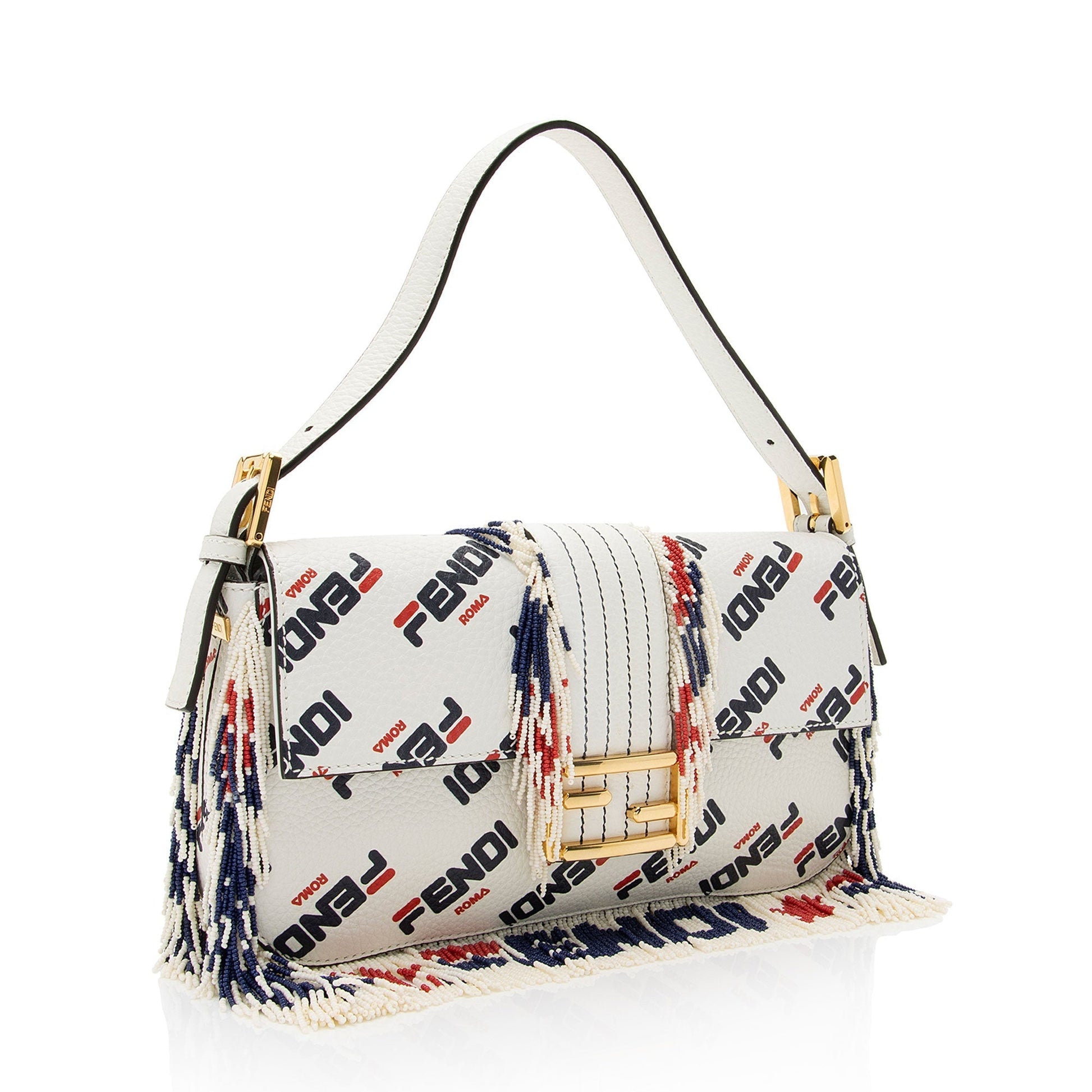 Fendi Fila Mania Calfskin Beaded Baguette Shoulder Bag Shf