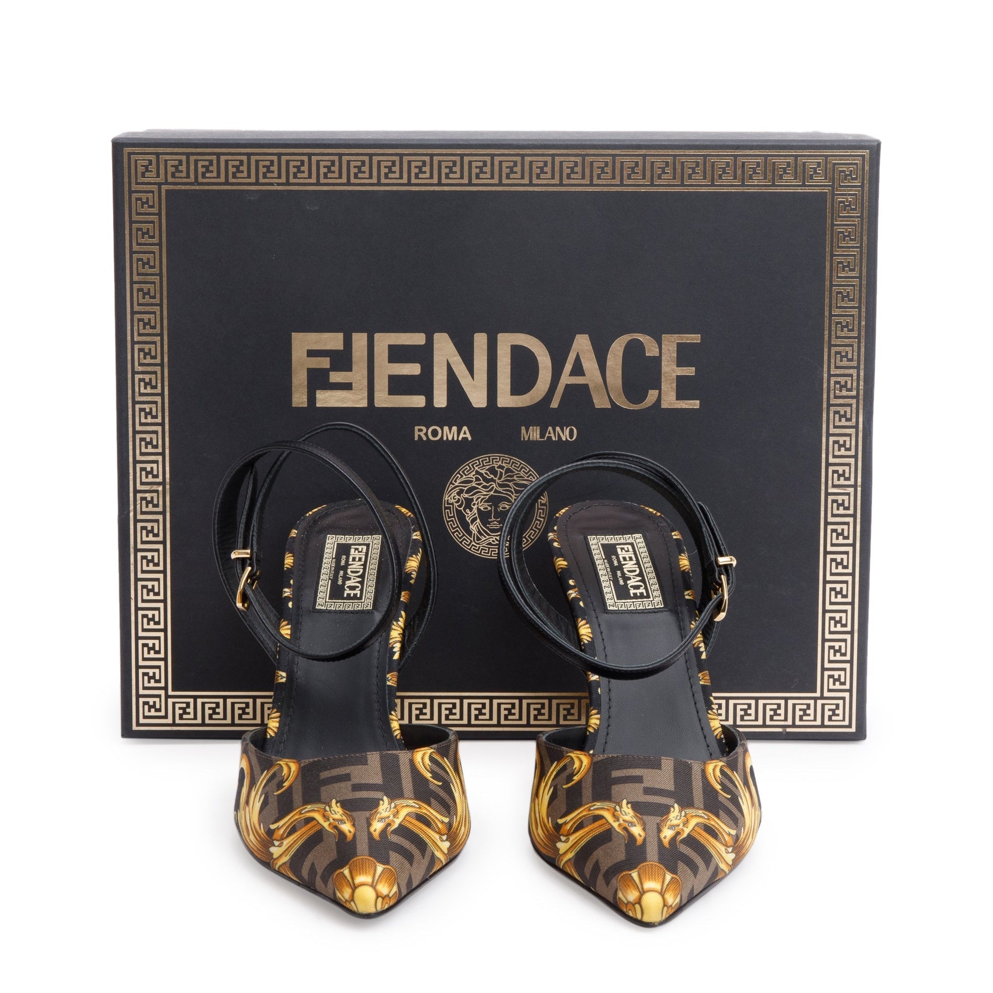 Fendi Versace Printed Fendace Slingback Pumps Size Travel Canvas Brown Shoes