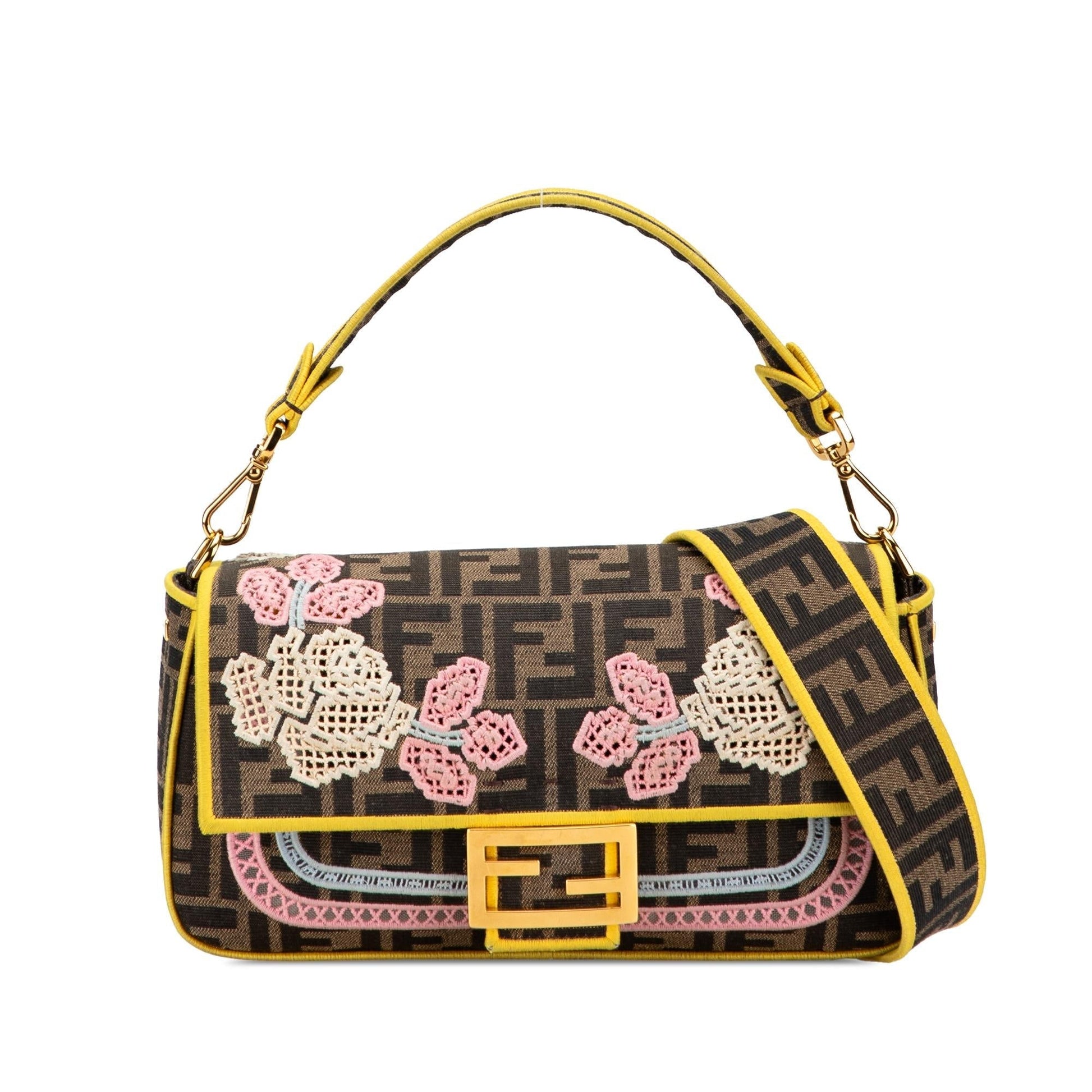 Fendi Zucca Floral Baguette Satchel Canvas Embroidered Satchel Bag