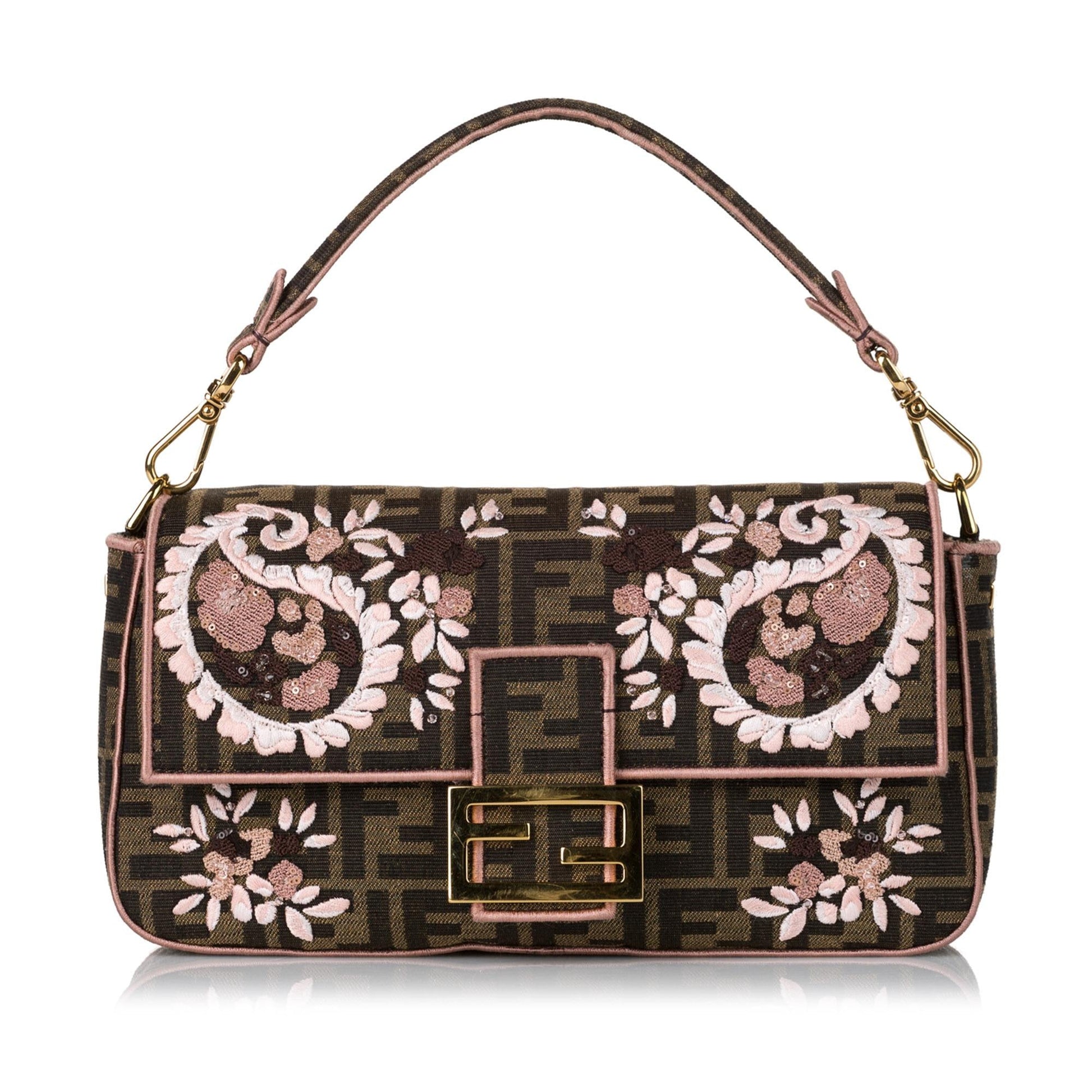 Fendi Zucca Paisley Embroidery Baguette Shg Handbag Shoulder Bag
