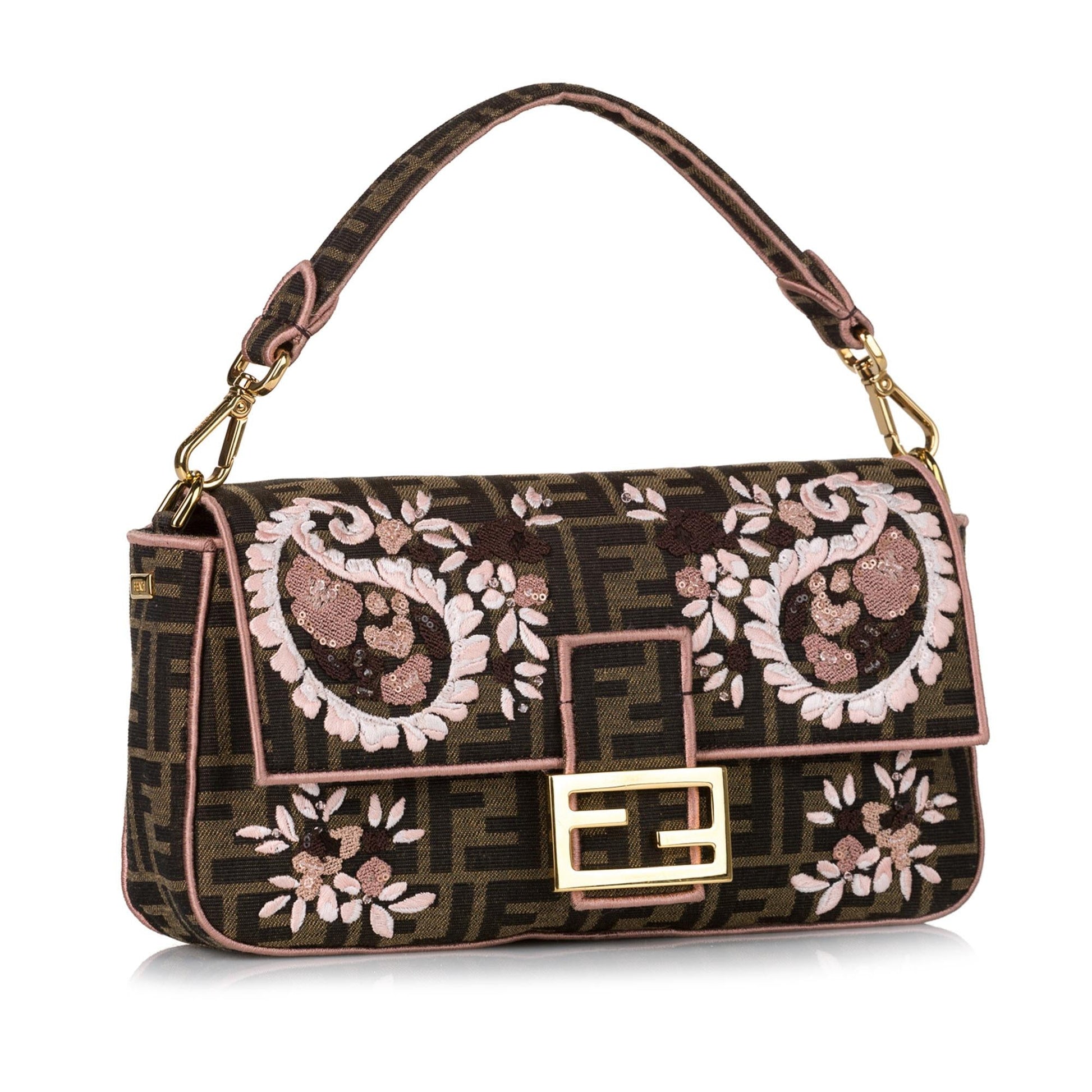 Fendi Zucca Paisley Embroidery Baguette Shg Handbag Shoulder Bag