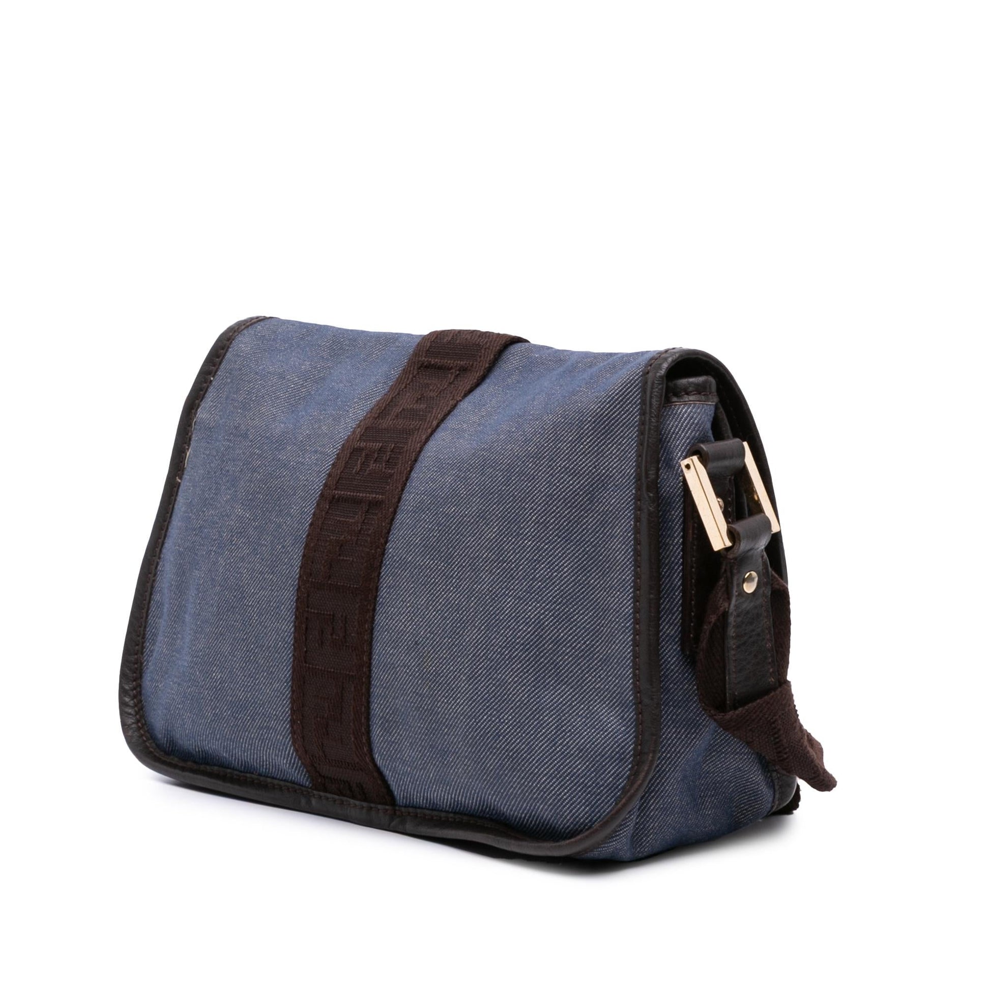 Fendi Zucca Trimmed Buckle Bag Denim Flap Crossbody Bag