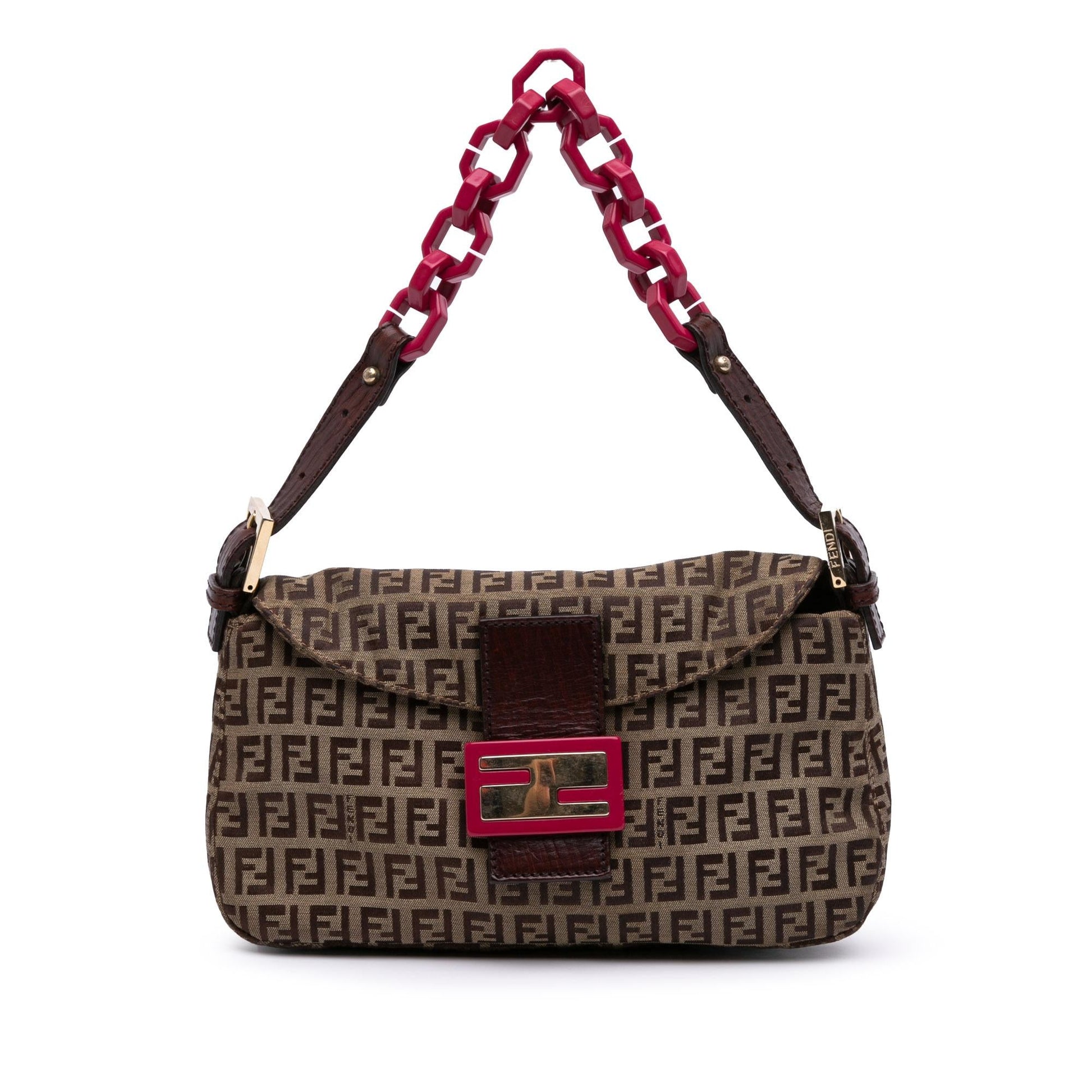Fendi Zucchino Double Shoulder Bag Canvas Chain Flap
