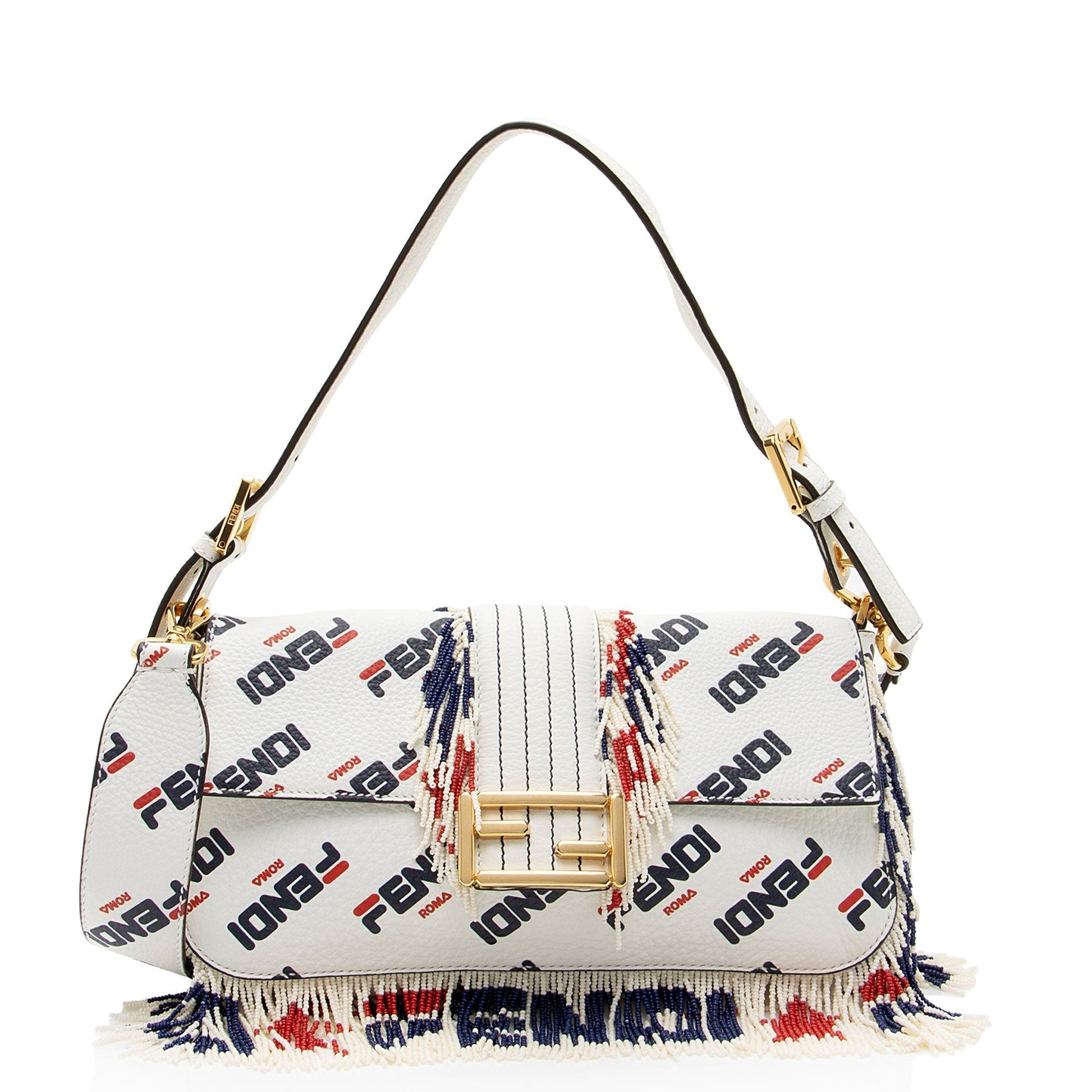 Fendi Fila Calfskin Mania Beaded Fringe Baguette Shoulder Bag