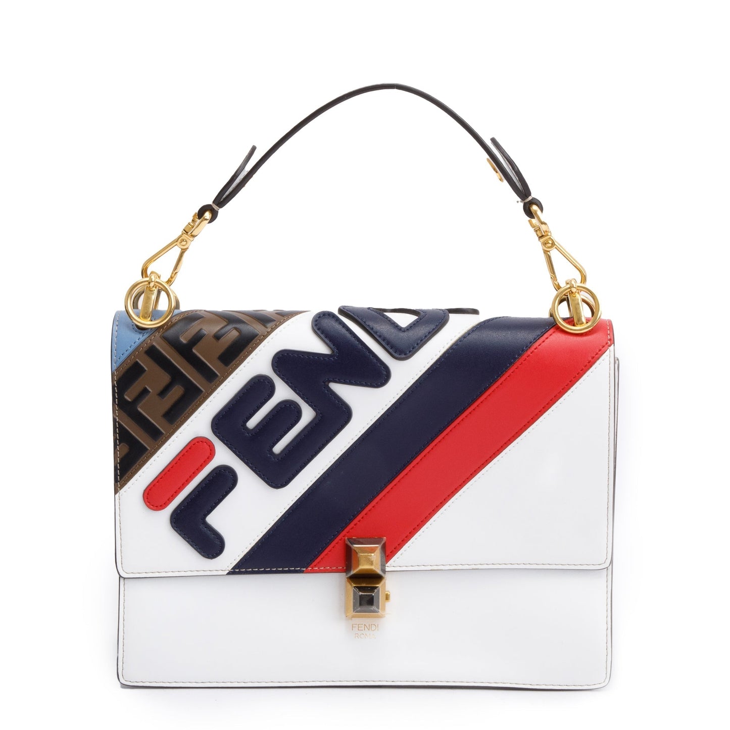 Fendi Fila Multicolor Calfskin Mania Kan Shoulder Bag Leather White