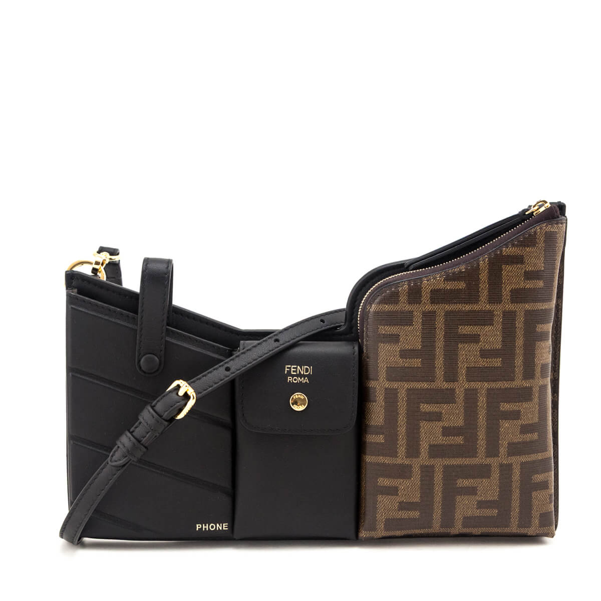 Fendi Handbag Grace Glazed Fabric FF 3 Pocket Crossbody Vitello Black Mini Crossbody Bag