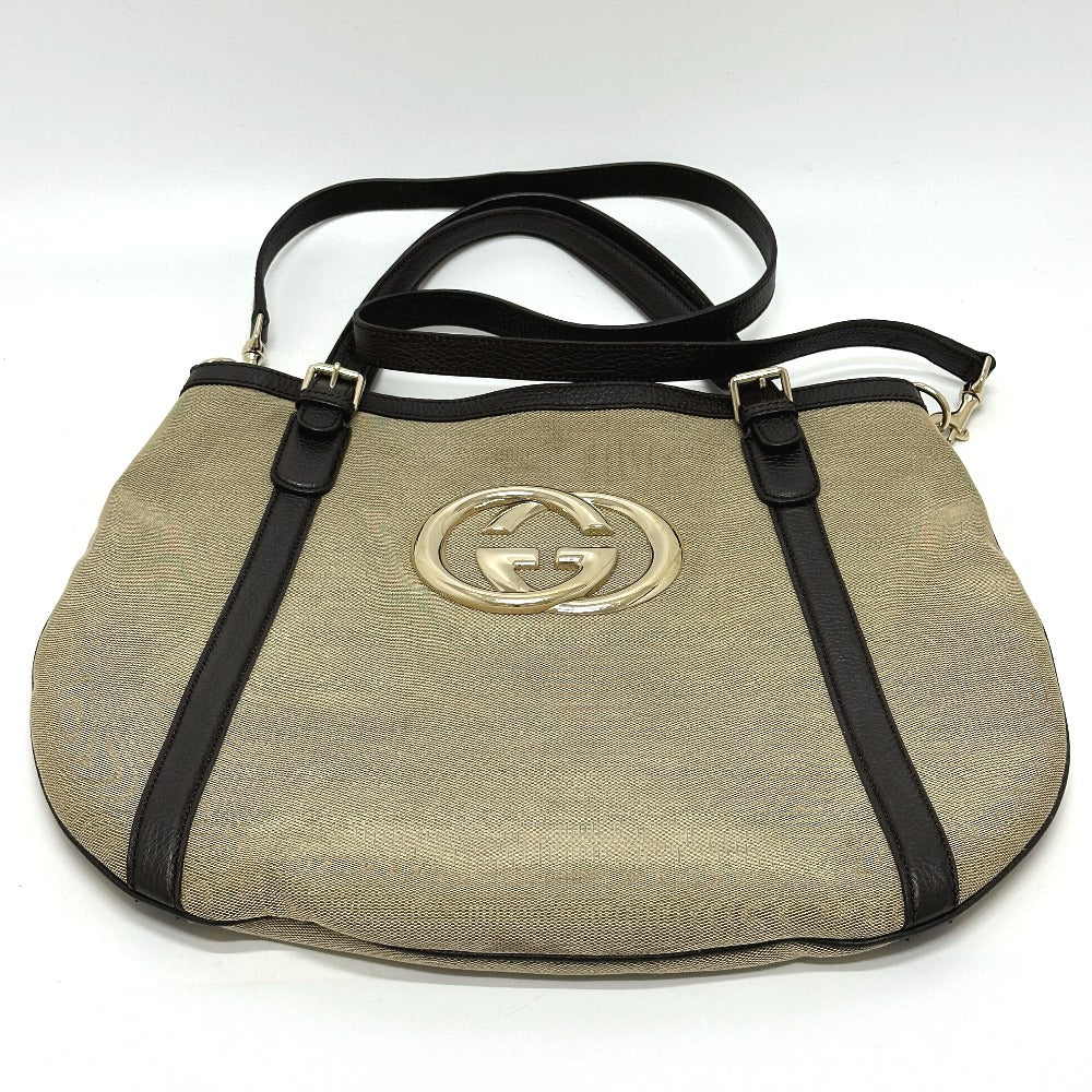 Gucci GG Leather Canvas Beige Logo Tote Bag