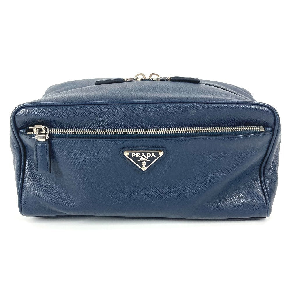 Clutch Bag Saffiano Navy Triangle Plate Unisex(Unisex) Leather Logo