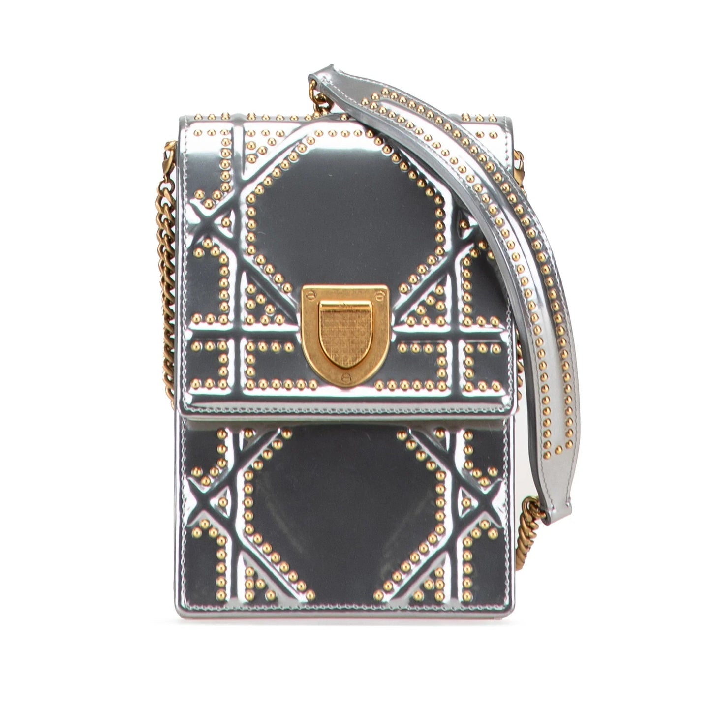 Dior Handbag Metallic Studded Calfskin Vertical ama Crossbody Bag Silver