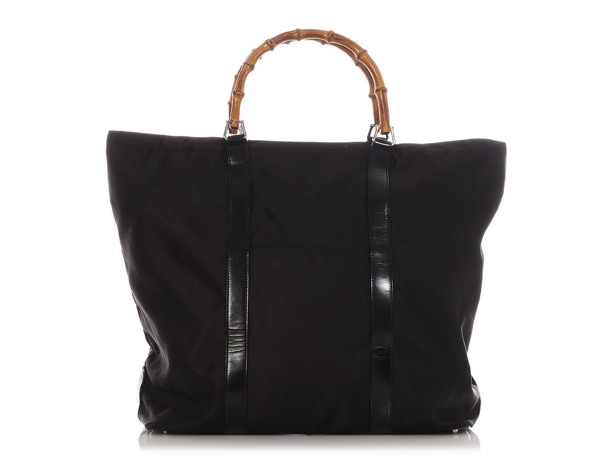 Gucci Trimmed Bamboo Handle Tote Leather Nylon Tote Bag