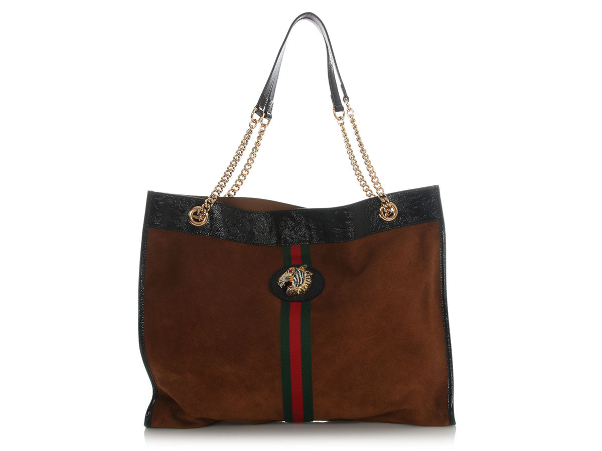 Gucci Calfskin Rajah Chain Tote Suede Brown Tote Bag