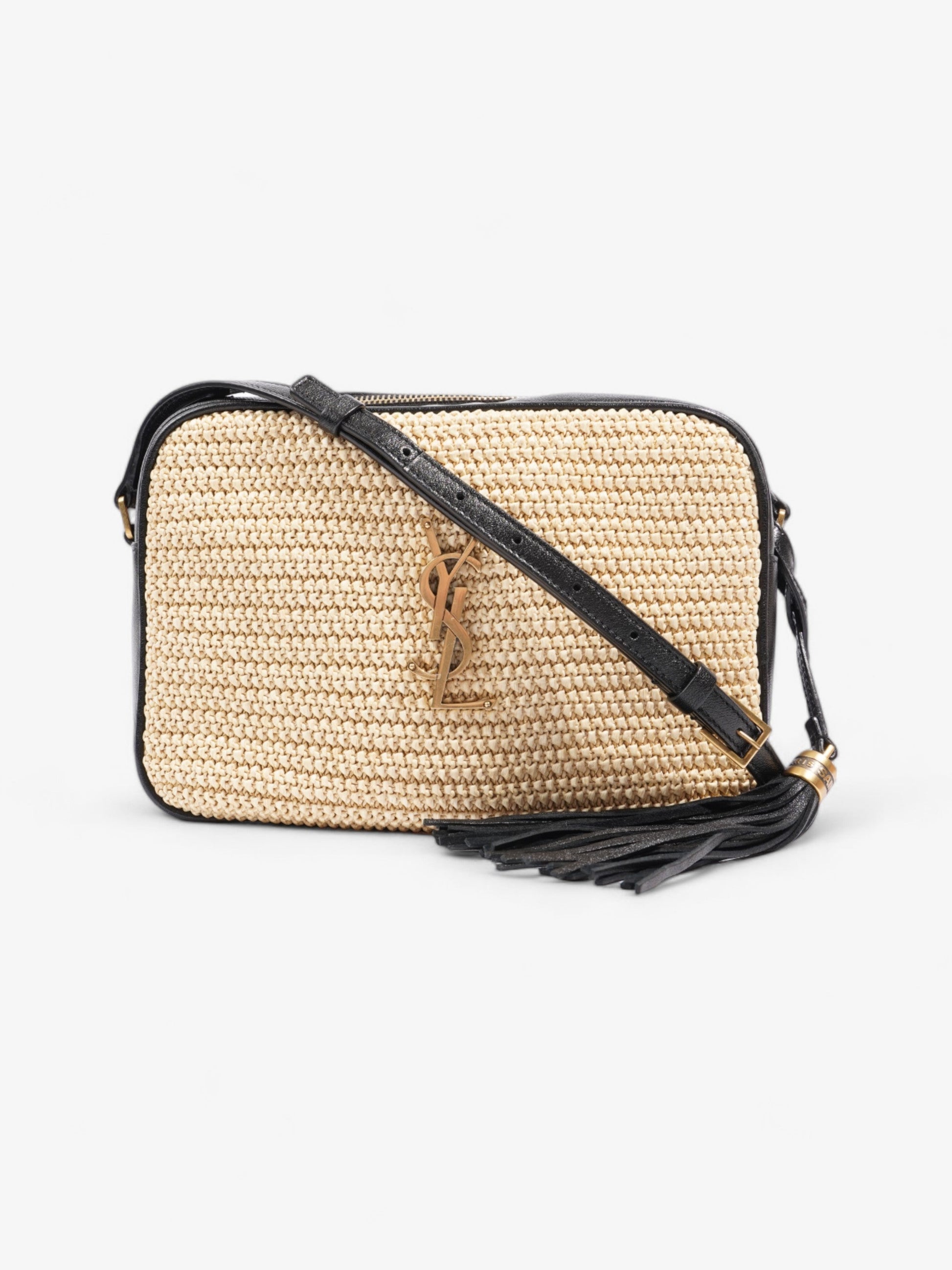 YSL Saint Laurent Lou Camera Natural Crossbody Bag Raffia Black