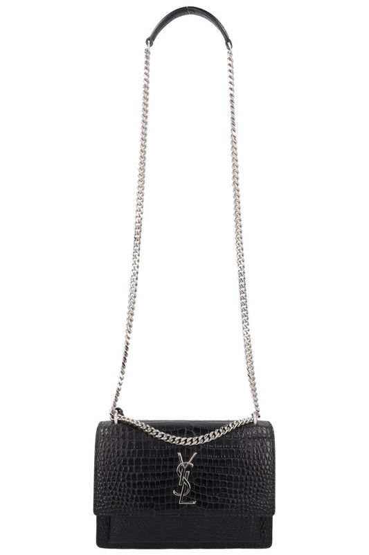 YSL Saint Laurent Crossbody Bag Croc Sunset Bag Black Small Embossed