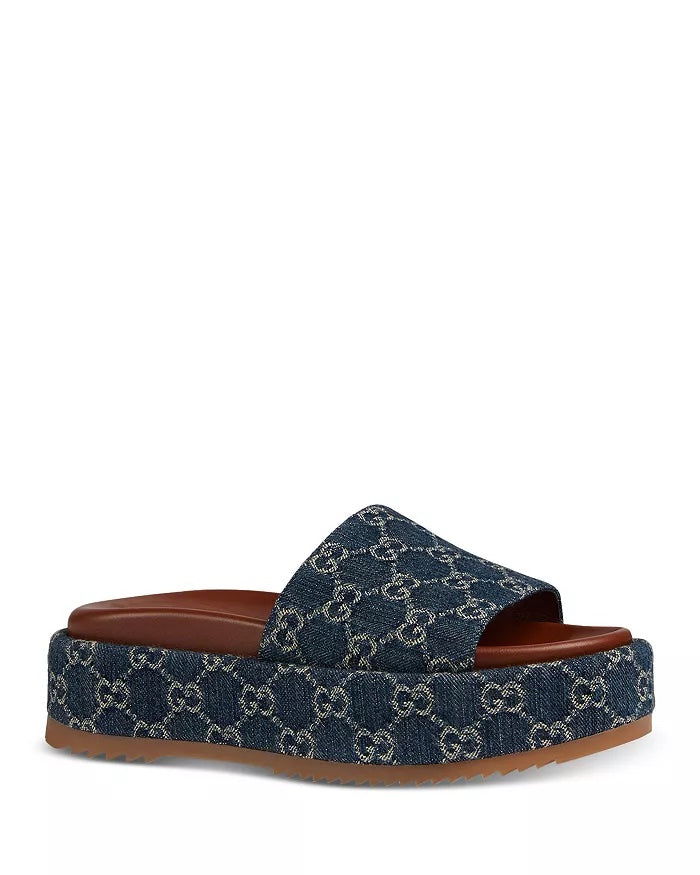 Gucci ANGELINA GG JACQUARD PLATFORM SLIDES Denim Handbag