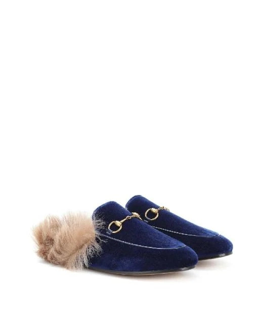 Gucci VELVET & FUR MULES Blue Shoes