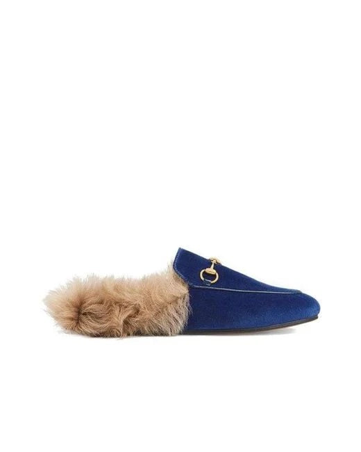 Gucci VELVET & FUR MULES Blue Shoes