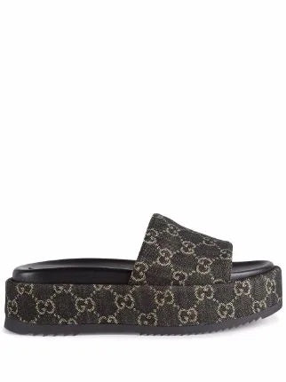 Gucci GG SUPREME ANGELINA PLATFORM SLIDES Monogram Denim Black Travel Bag
