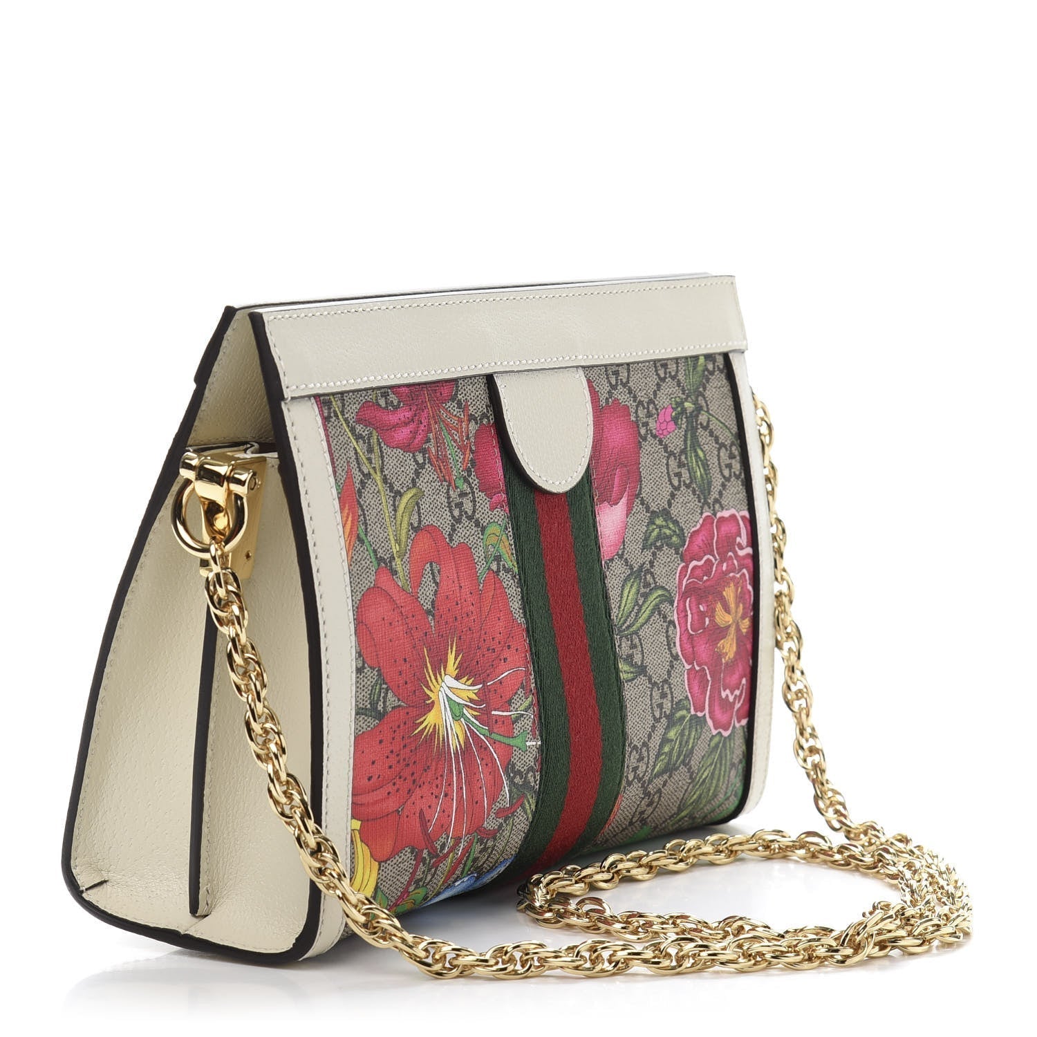 Gucci GG SUPREME FLORA WEB OPHIDIA Monogram Chain Travel Bag