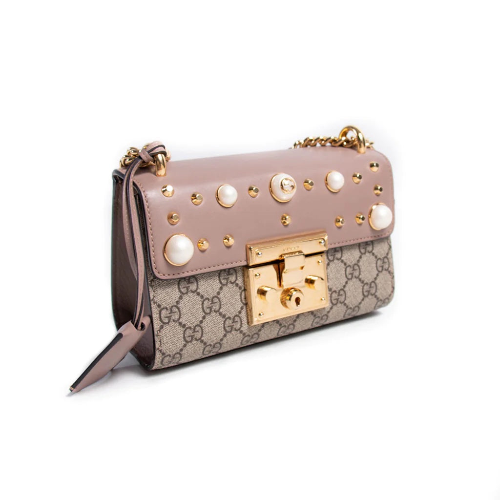 Gucci GG SUPREME STUDDED PADLOCK Monogram Small Shoulder Bag