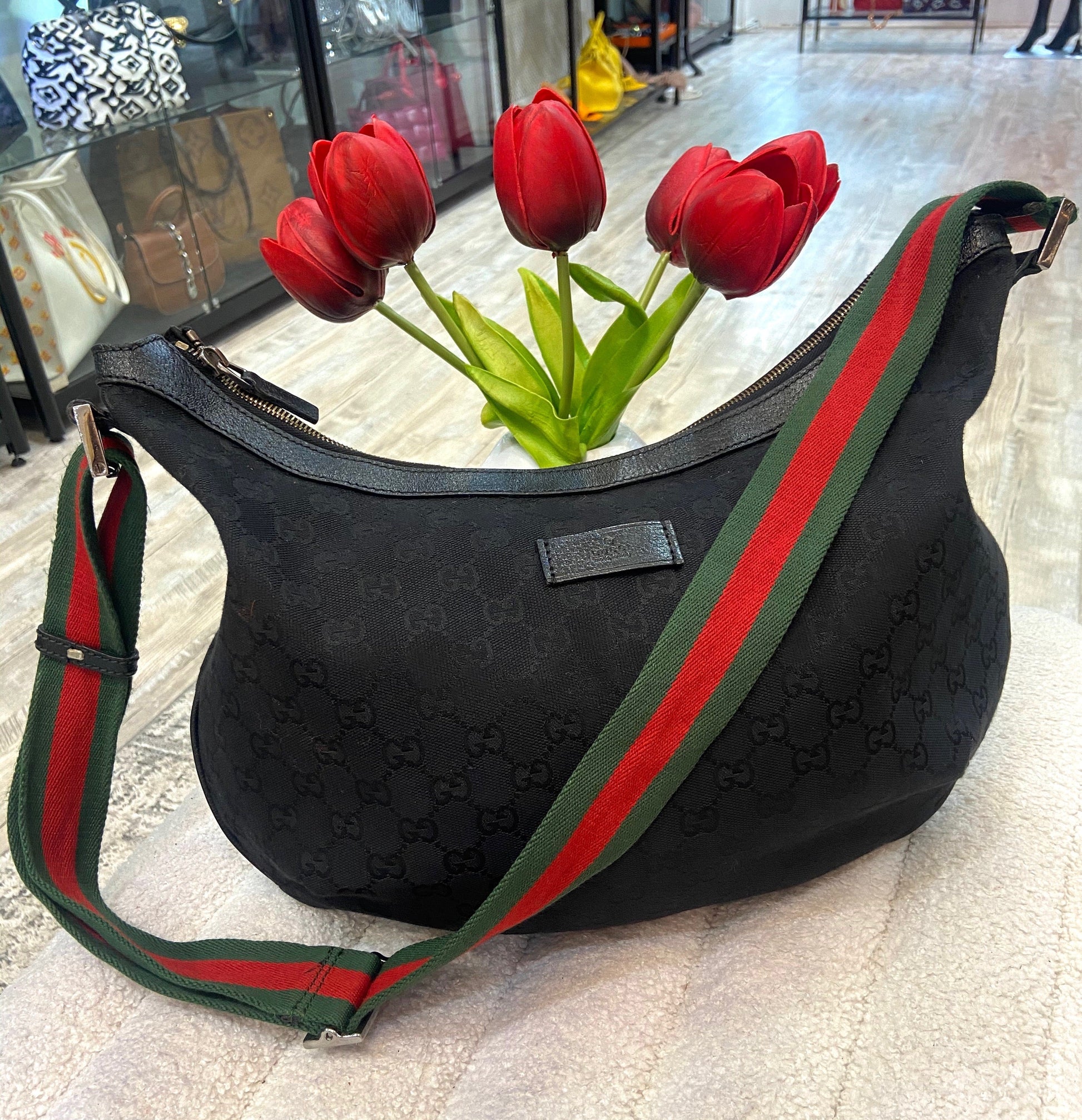 Gucci GG WEB HALF MOON Monogram Hobo Bag