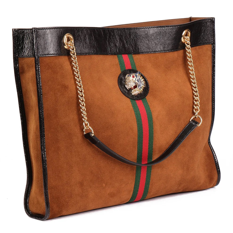 Gucci TIGER WEB RAJAH Suede Brown Large Tote Bag