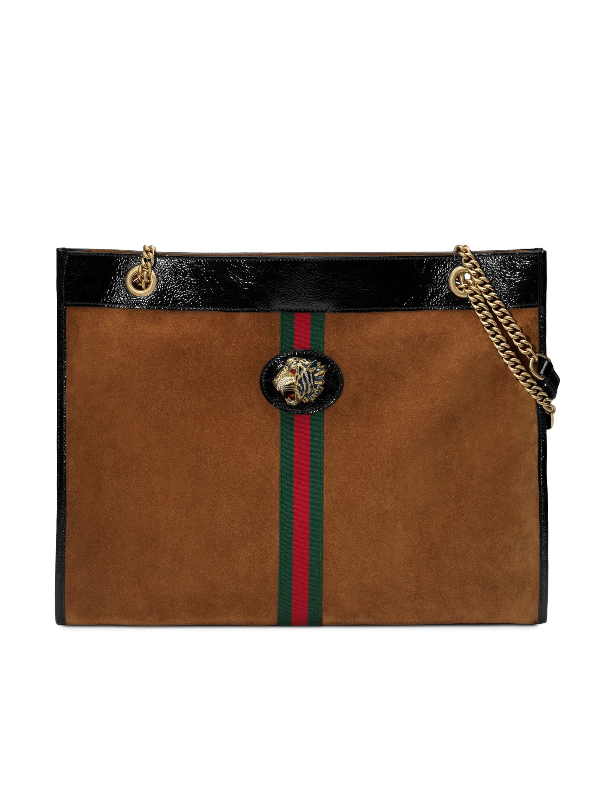 Gucci TIGER WEB RAJAH Suede Brown Large Tote Bag