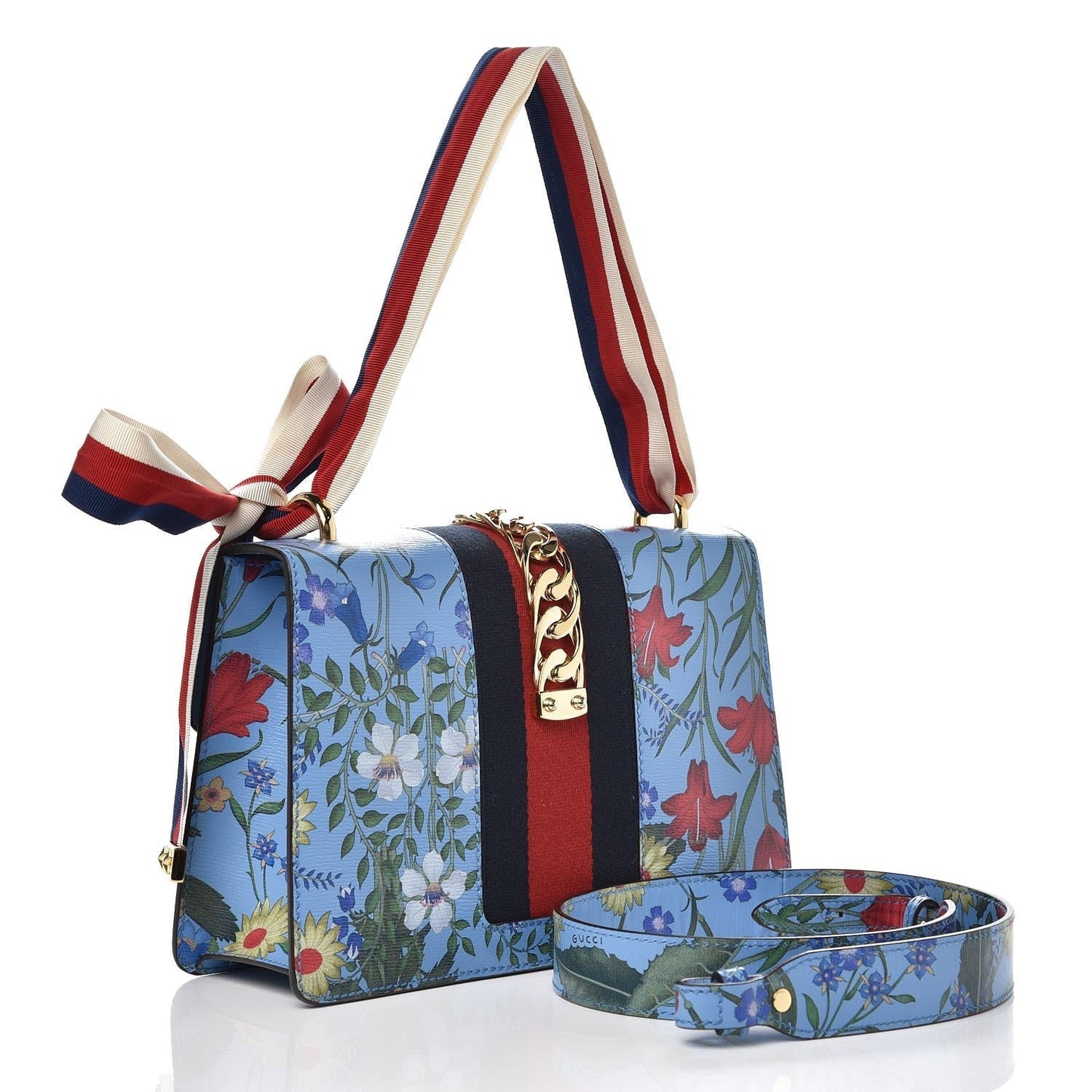Gucci SYLVIE AZURE FLORA Leather Calfskin Blue Small Shoulder Bag