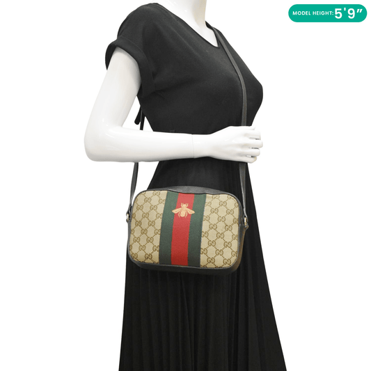 Gucci Bee Web Camera Crossbody Bag Canvas Beige