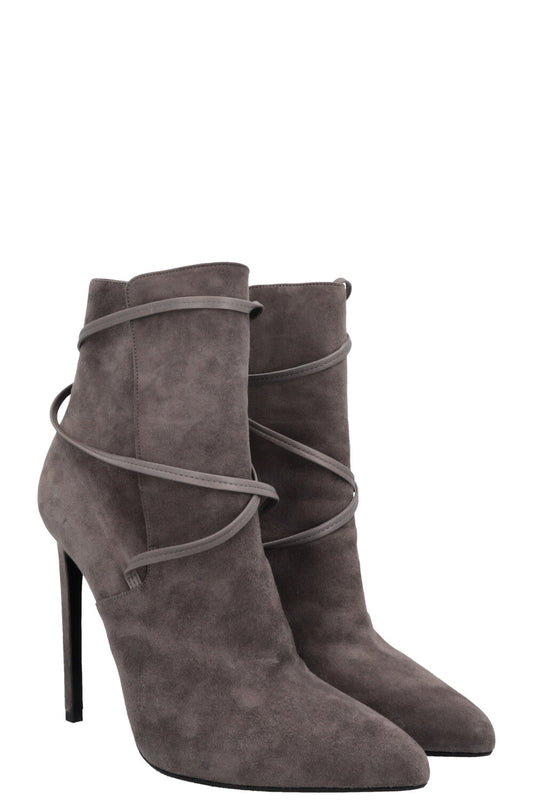 YSL Saint Laurent Lace Up Heels Grey Suede Gray Shoes