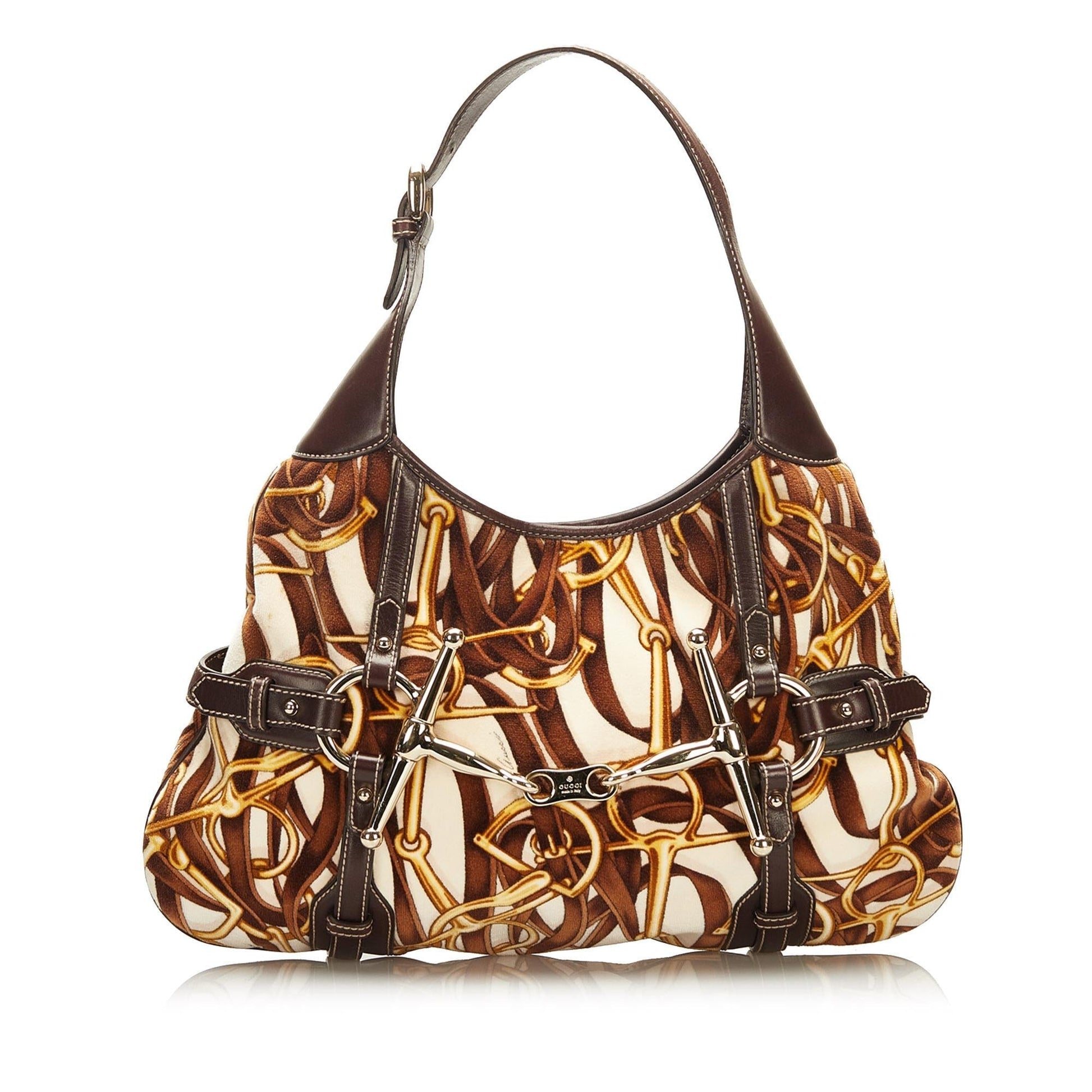 Gucci 85th Anniversary Velvet Horsebit Print Brown Shoulder Bag