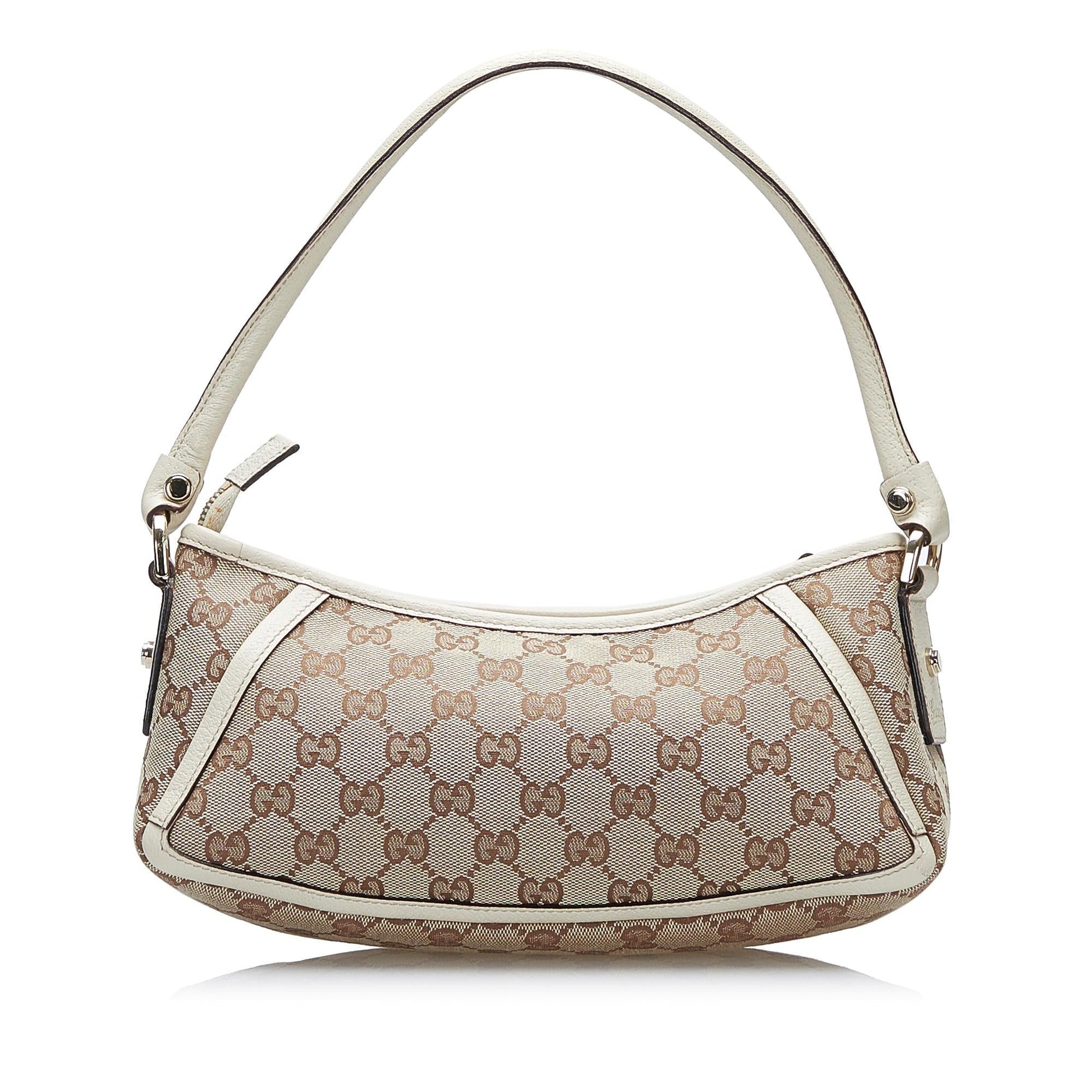 Gucci Abbey GG Baguette SHG Canvas Calf White Brown Handbag