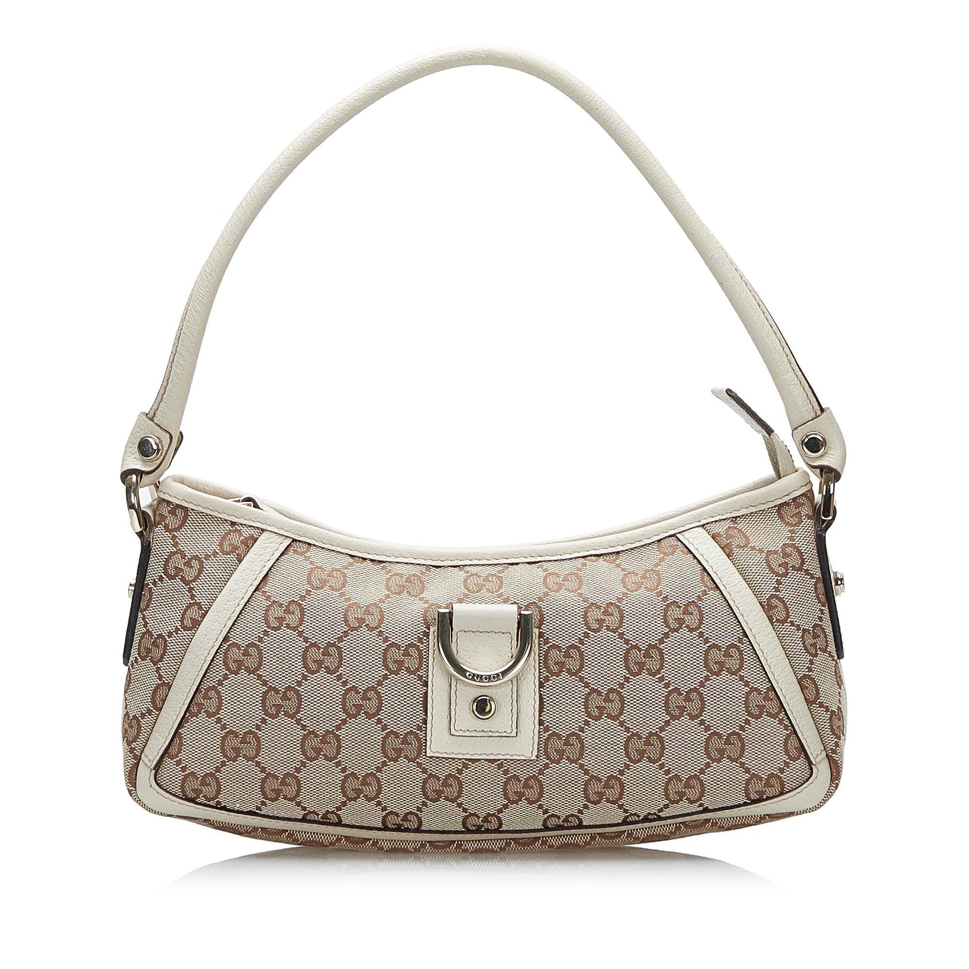 Gucci Abbey GG Baguette SHG Canvas Calf White Brown Handbag