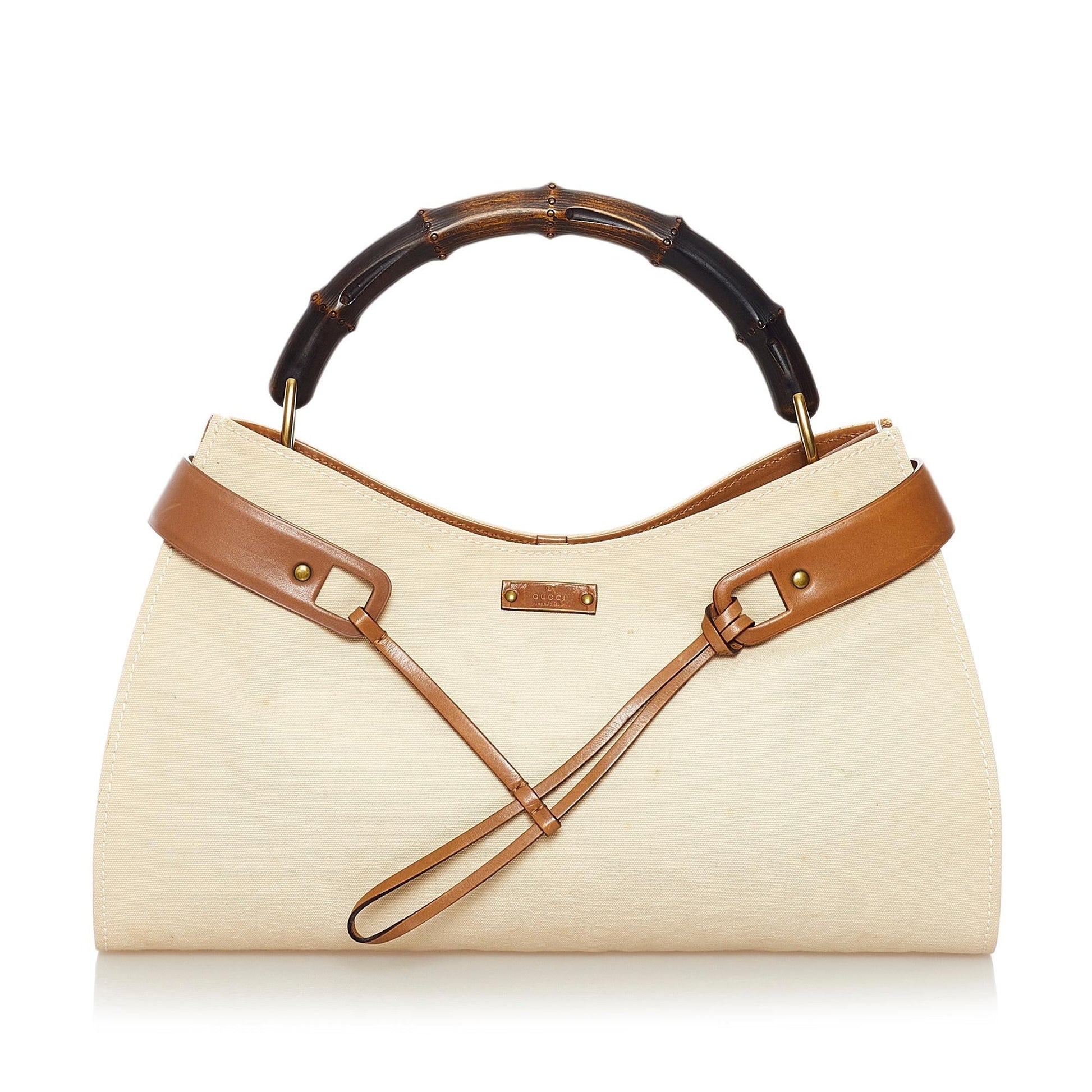Gucci Bamboo SHG Canvas White Brown Satchel Bag