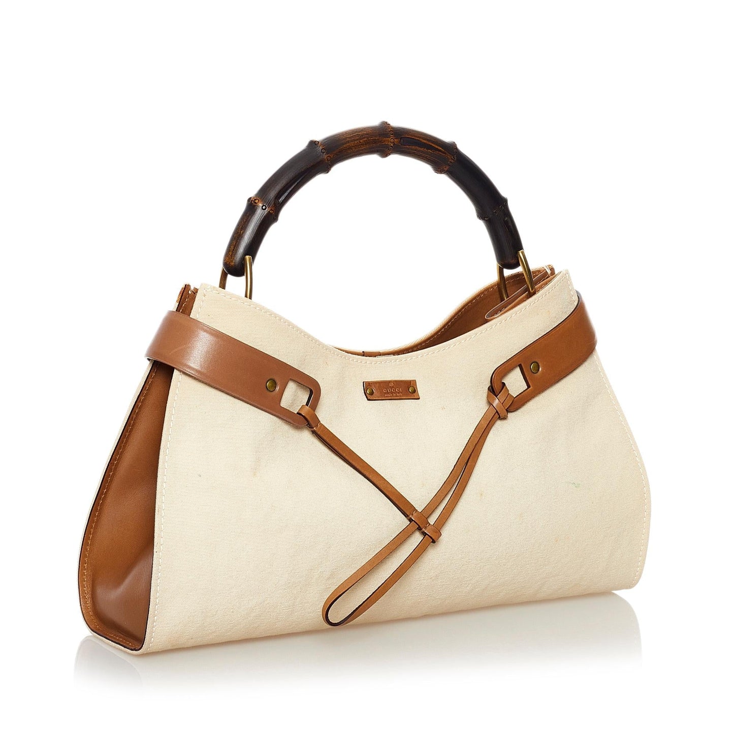 Gucci Bamboo SHG Canvas White Brown Satchel Bag