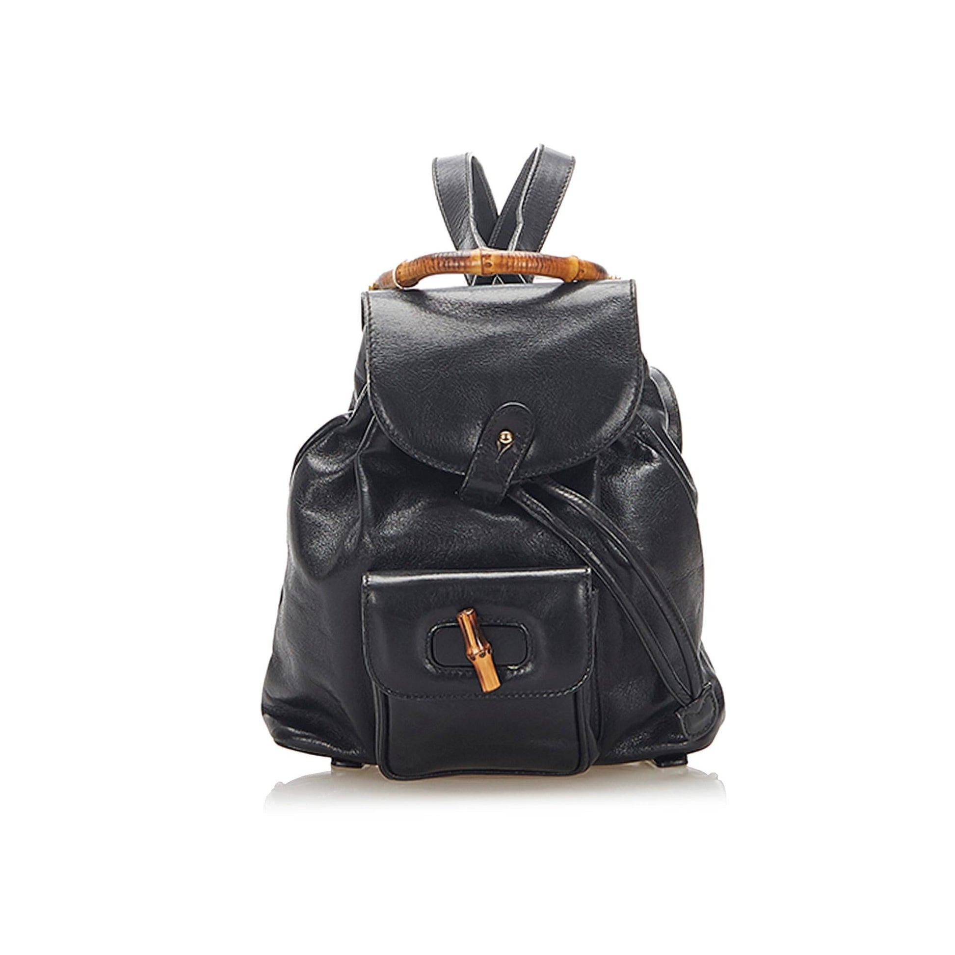 Gucci Bamboo Drawstring Backpack SHG Leather Calf Black Jewelry 4