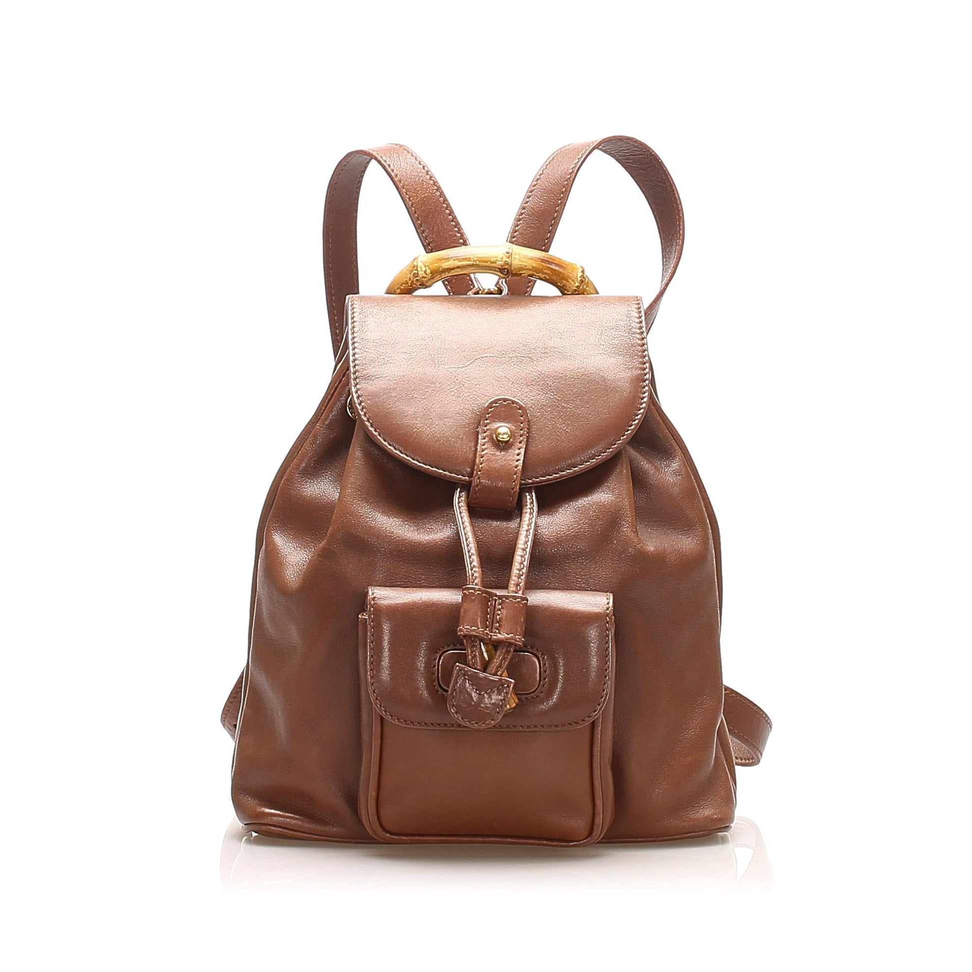 Gucci Bamboo Drawstring Backpack SHG Leather Calf Brown Jewelry 4