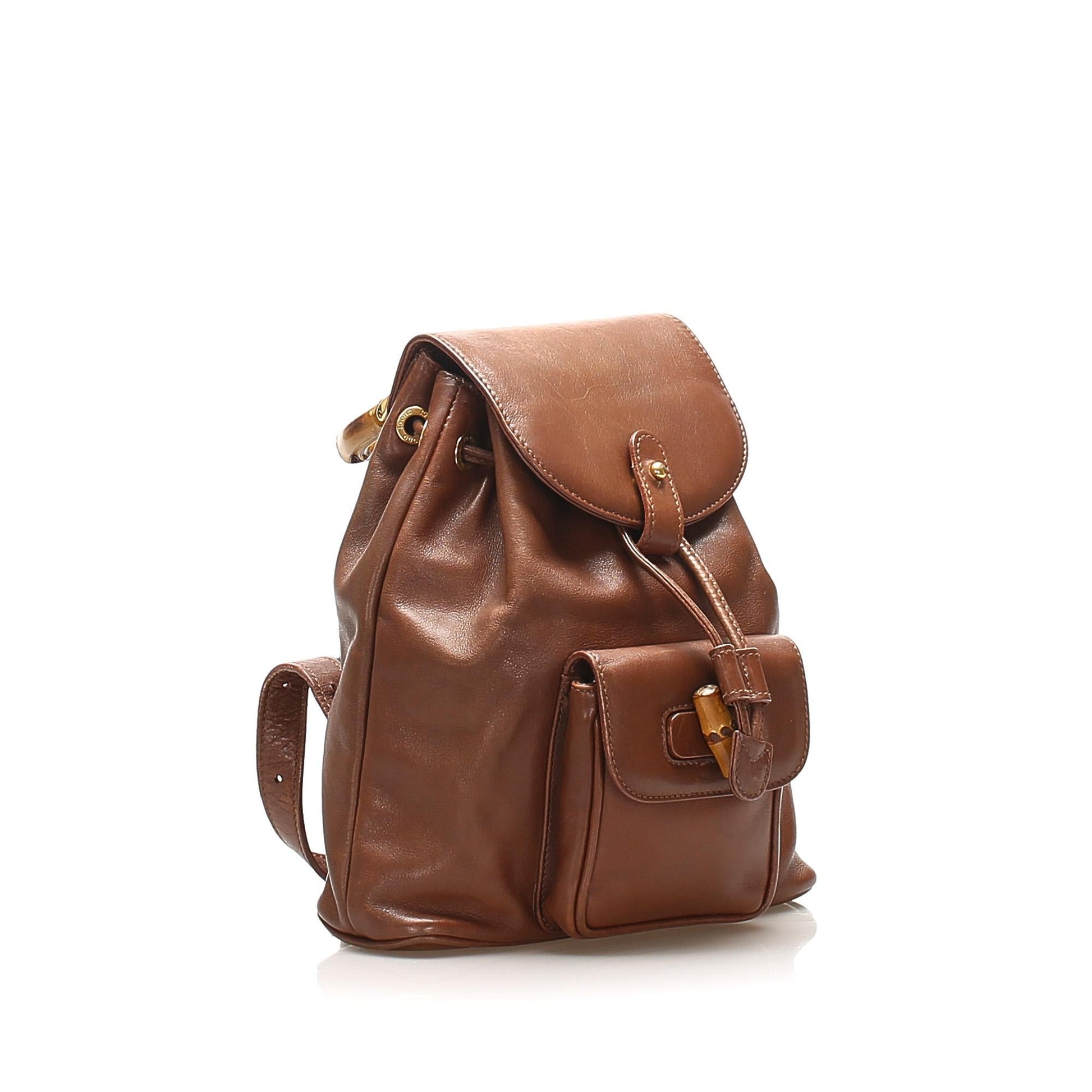 Gucci Bamboo Drawstring Backpack SHG Leather Calf Brown Jewelry 4