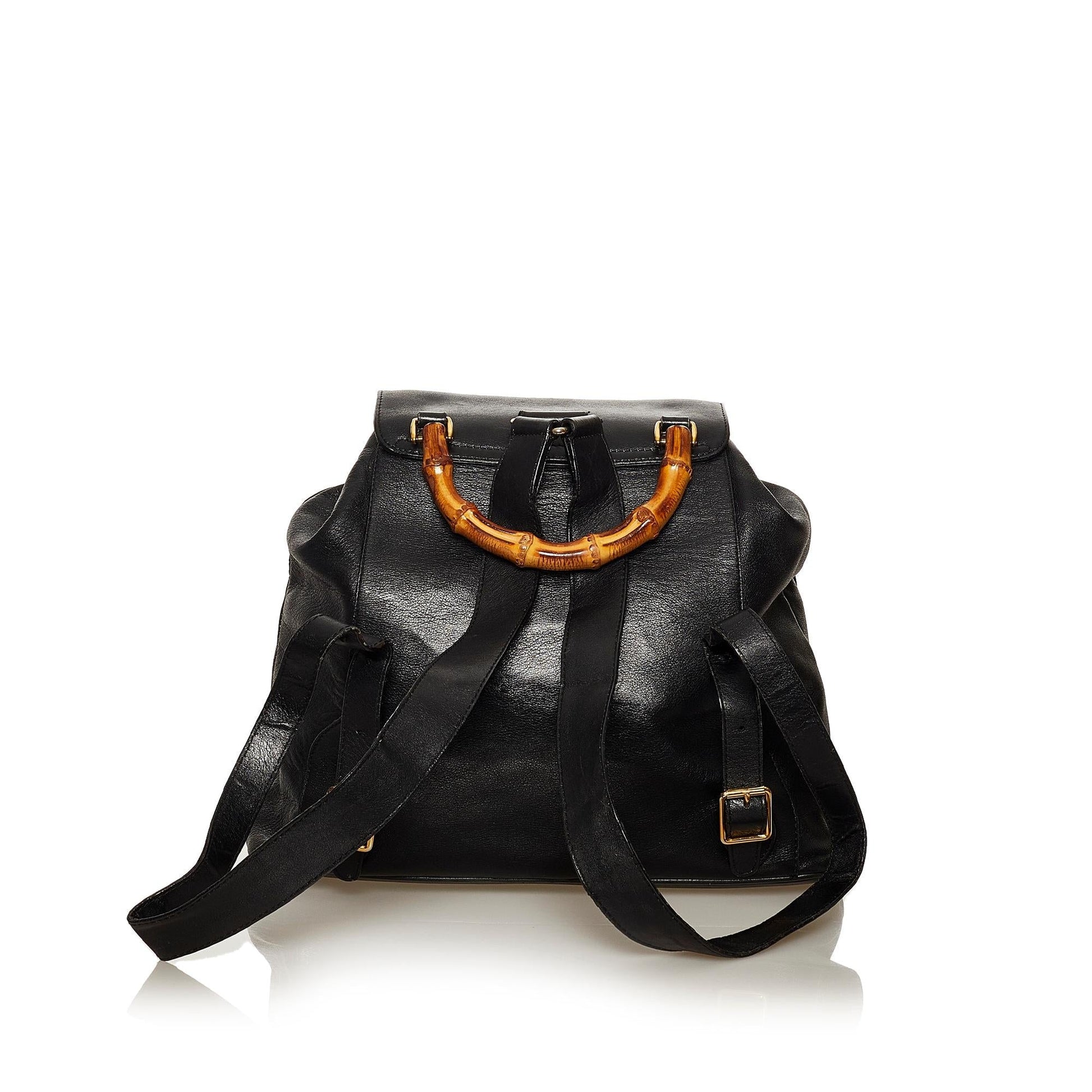 Gucci Bamboo Drawstring Backpack SHG Leather Calf Black Jewelry 6