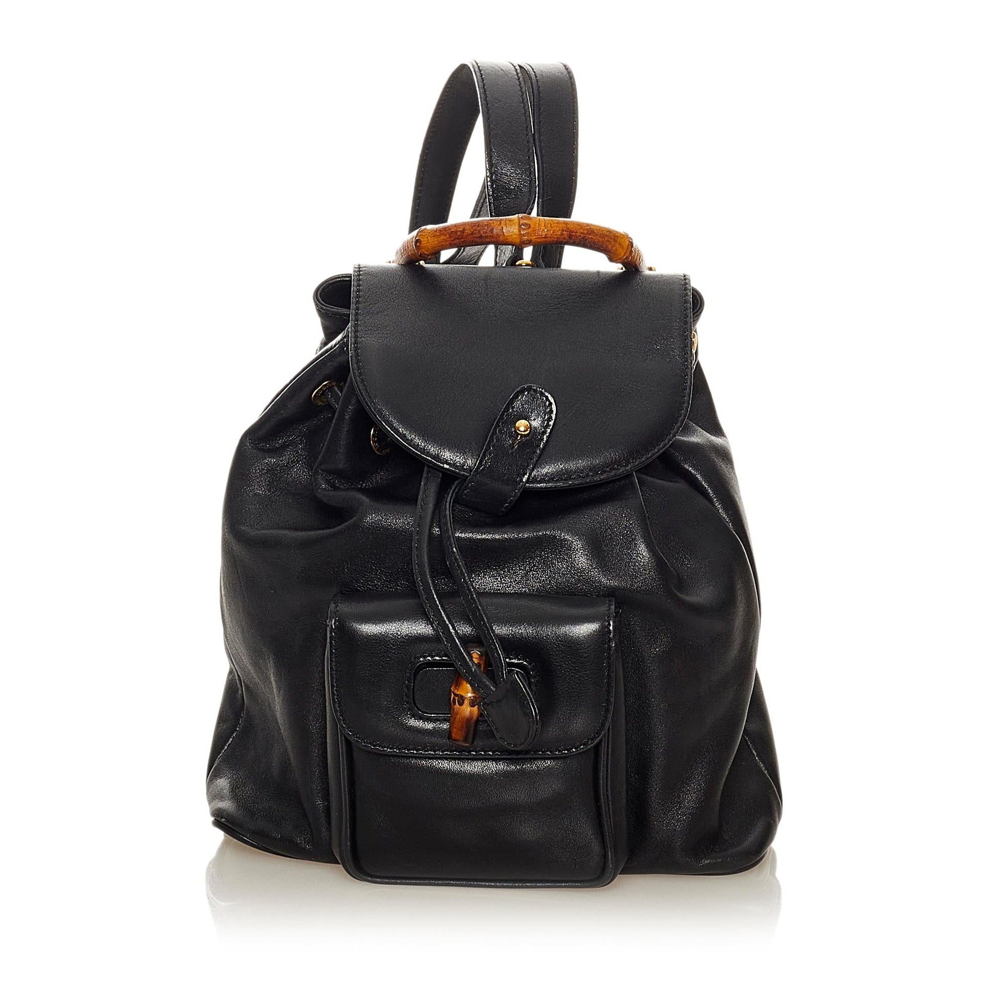 Gucci Bamboo Drawstring Backpack SHG Leather Calf Black Jewelry Backpack Shg
