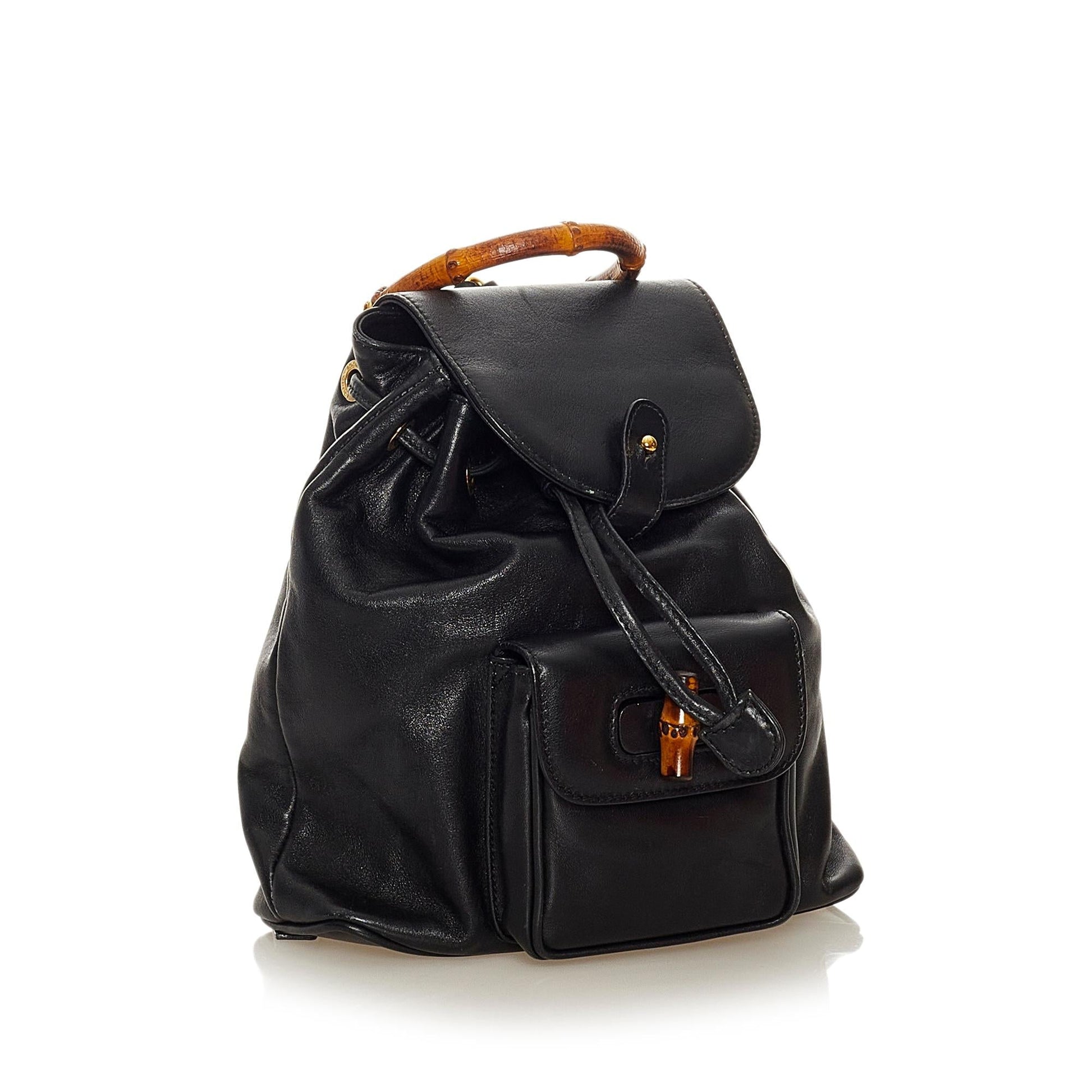 Gucci Bamboo Drawstring Backpack SHG Leather Calf Black Jewelry Backpack Shg