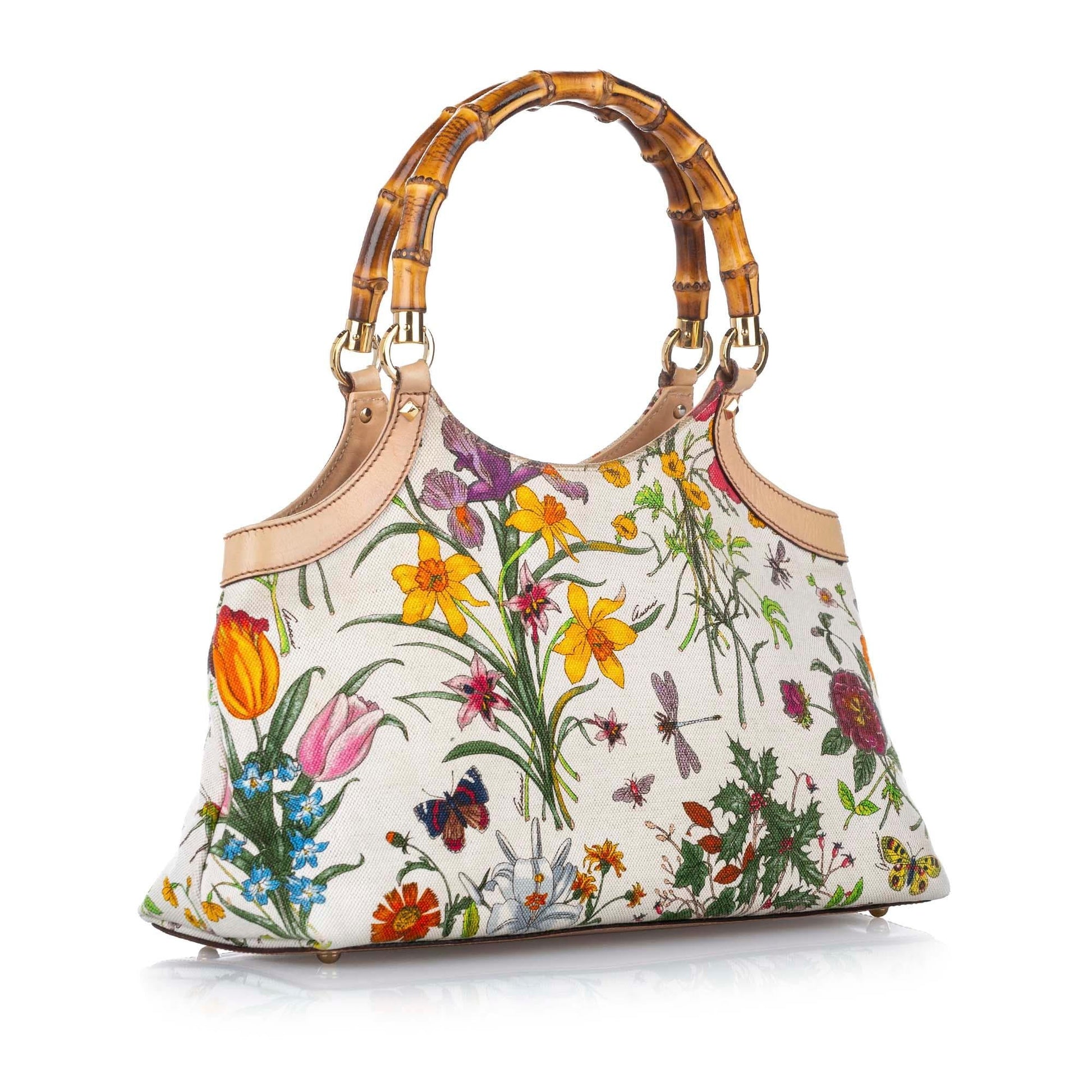Gucci Bamboo Flora SHG Canvas White Brown Satchel Bag