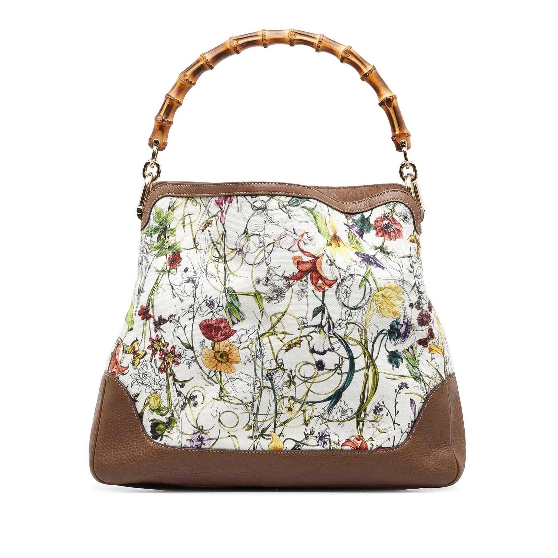 Gucci Bamboo Flora Diana SHG-JSp4Cq Canvas Calf White Satchel Bag