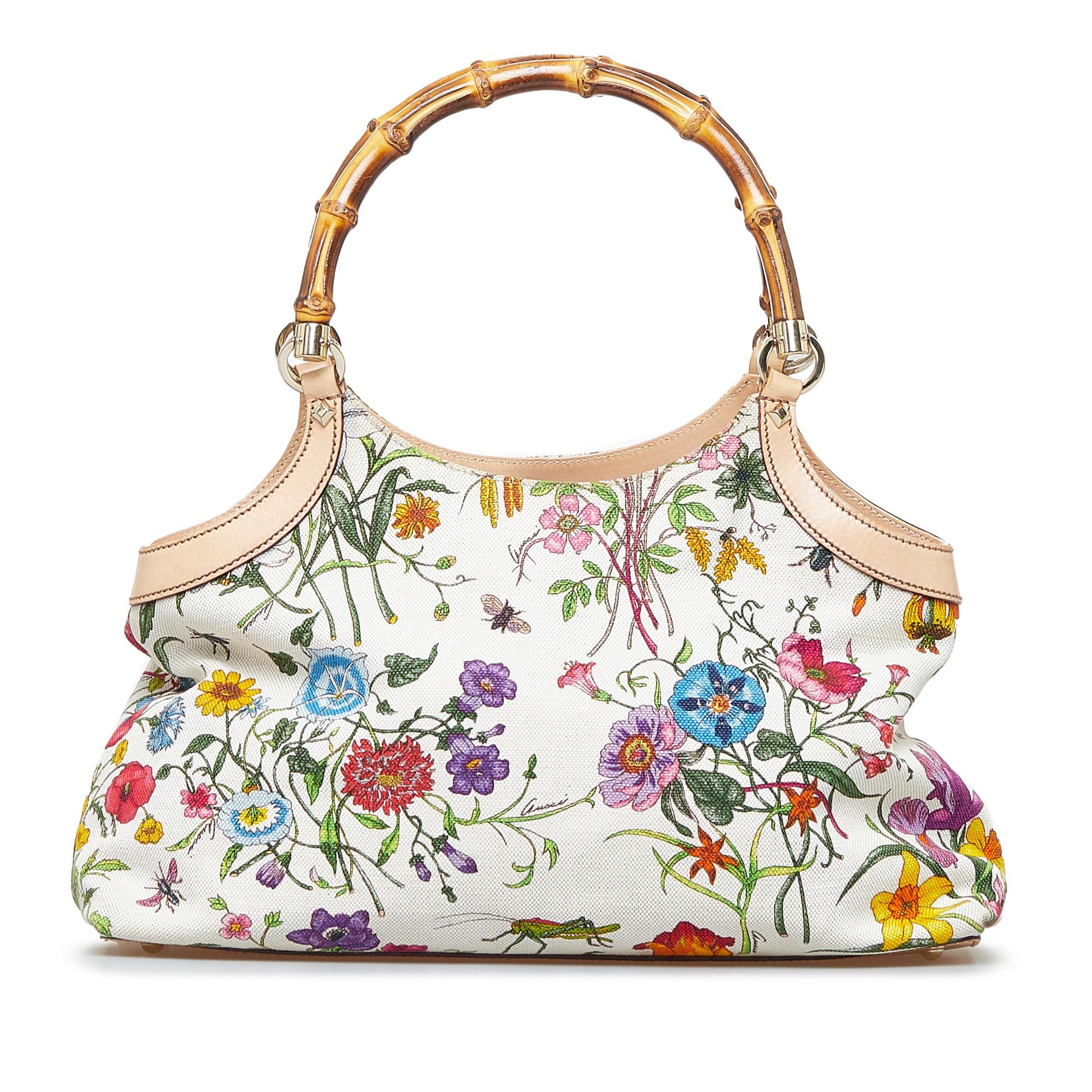 Gucci Bamboo Flora SHG-cQcjVH Canvas Calf White Satchel Bag